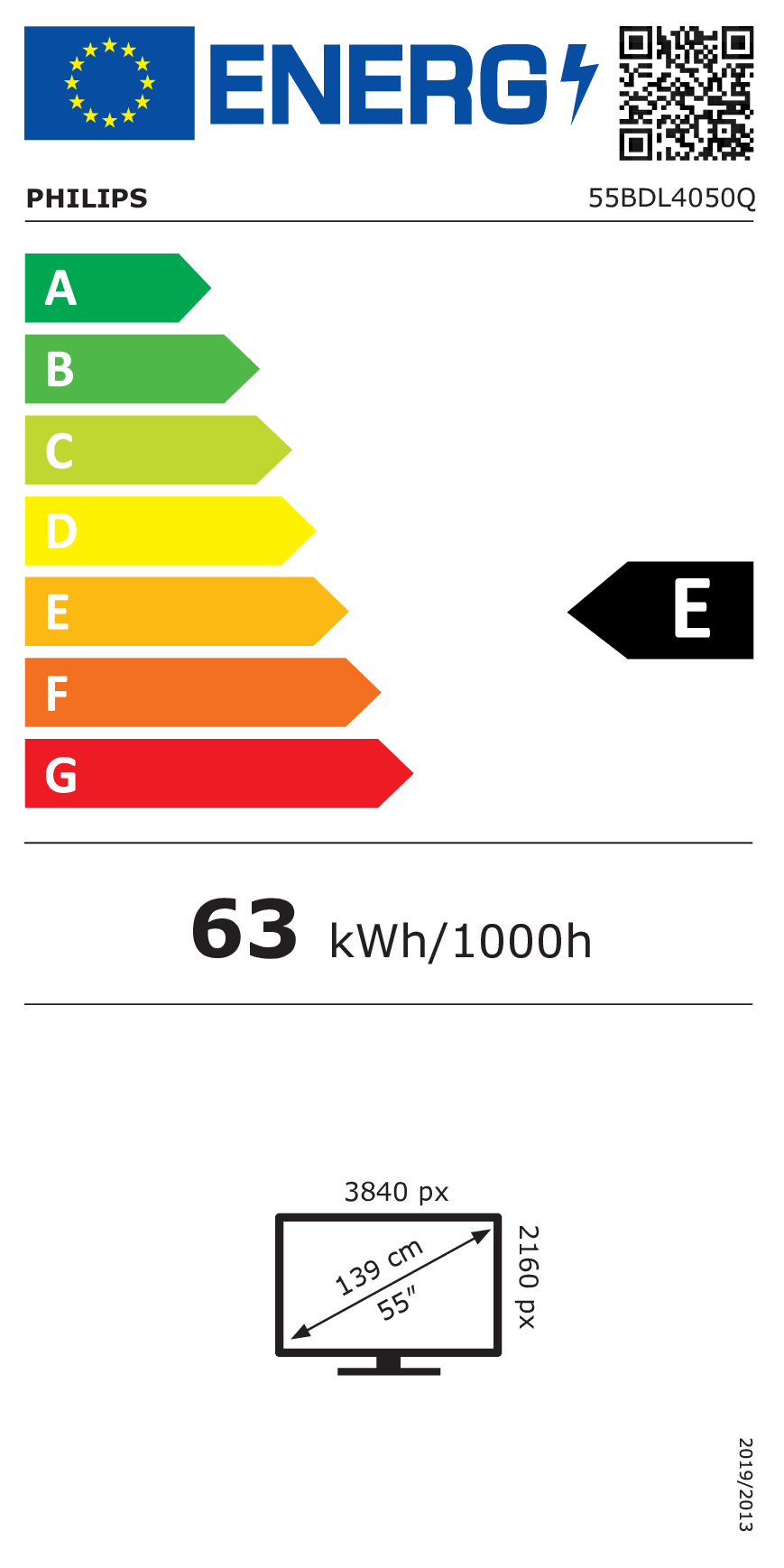 Etichetta energetica con logo Philips, scala A-G, efficienza E, 63 kWh/1000h.