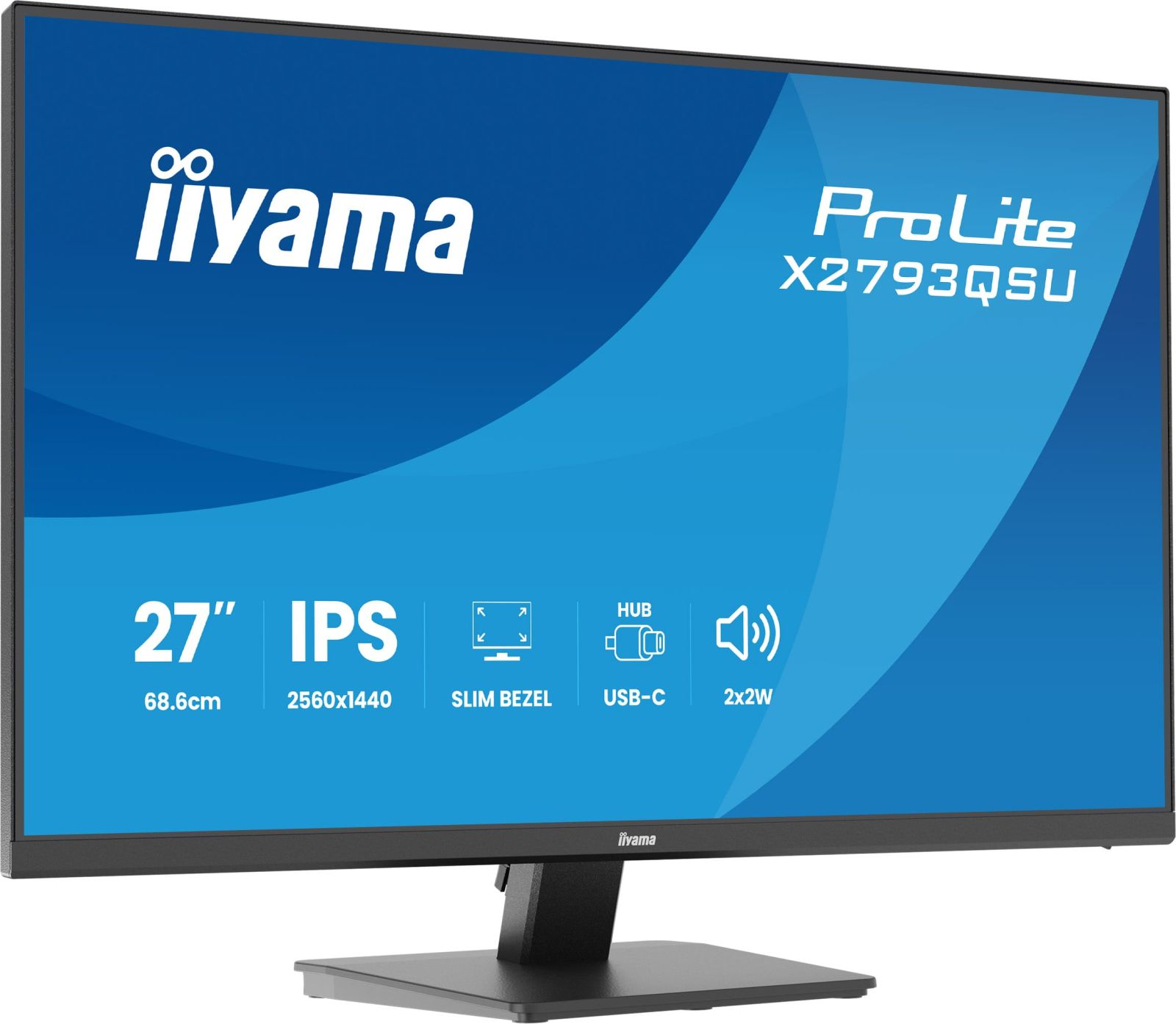 Un monitor iiyama nero mostra 'ProLite X2793QSU', 27" IPS, 2560x1440, USB-C.