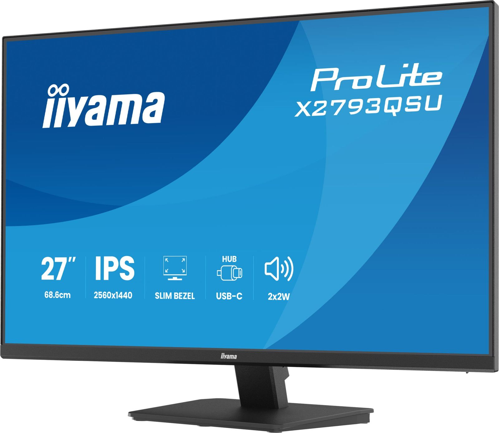 Un monitor nero con logo Iiyama e "ProLite X2793QSU" su sfondo blu.