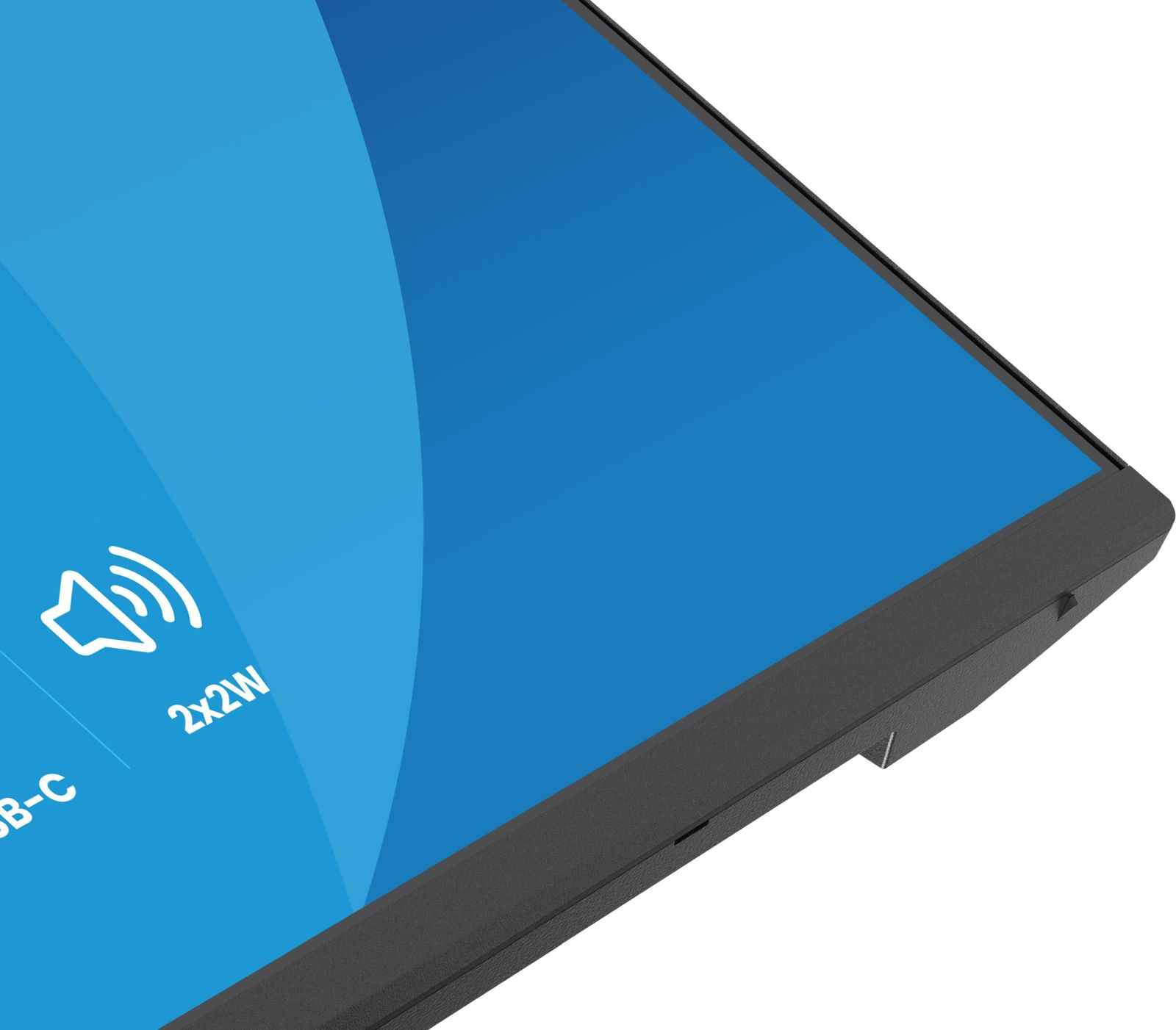 Un laptop con schermo blu che mostra un'icona dell'altoparlante e "2x2W".
