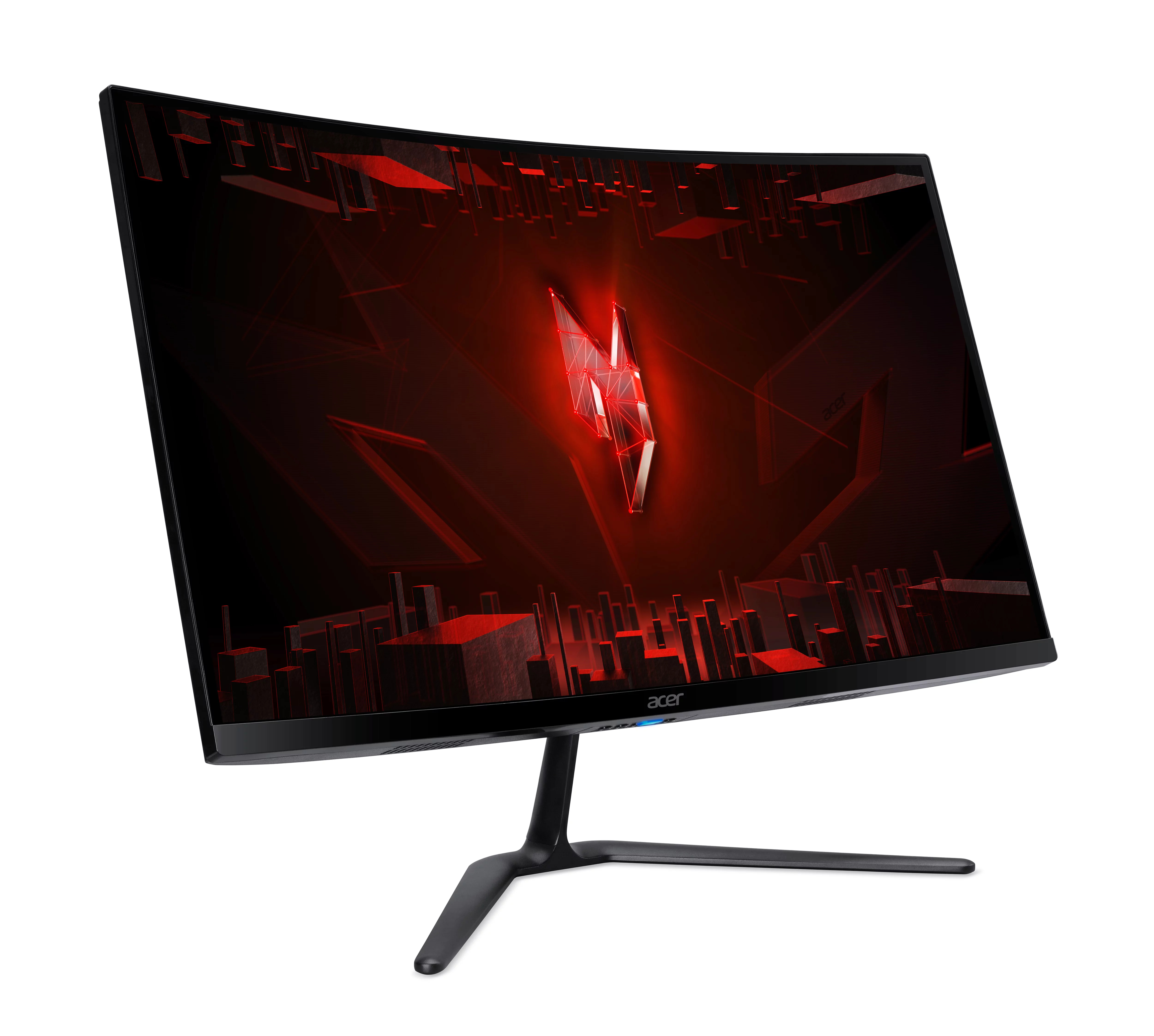 Un monitor curvo para juegos Acer muestra un diseño geométrico rojo abstracto con un logo central brillante.