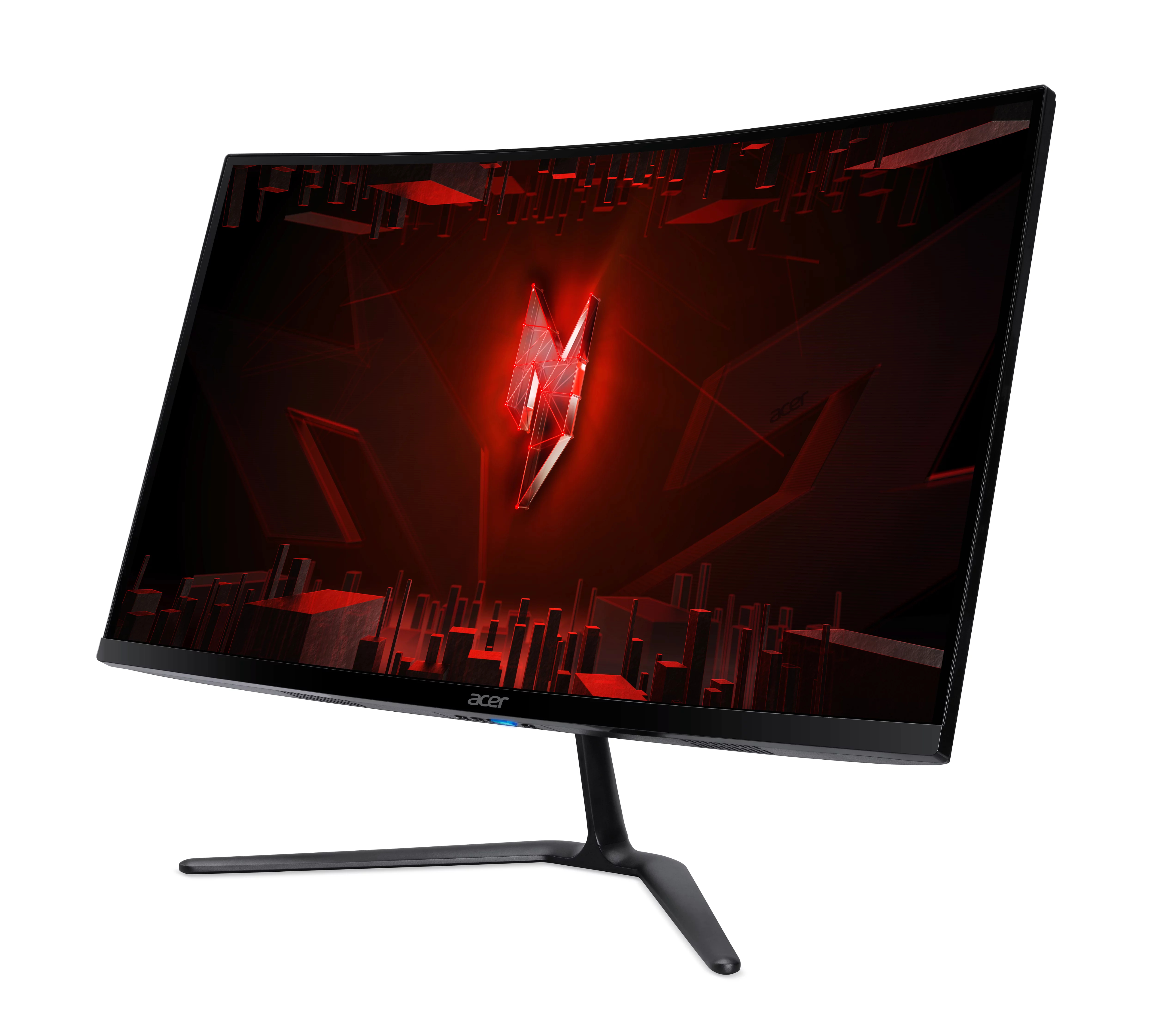 Un monitor curvo para juegos Acer con fondo geométrico rojo y logo de cristal.
