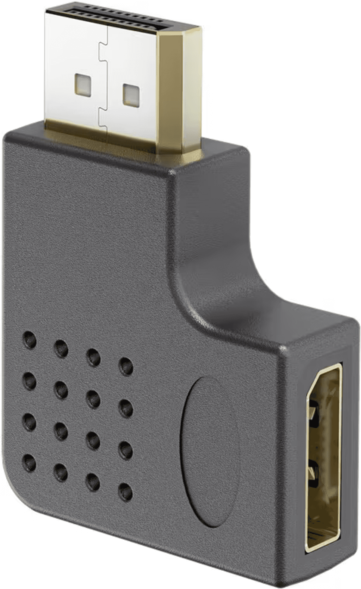 Un adaptador DisplayPort negro con conectores dorados y orificios de ventilación.
