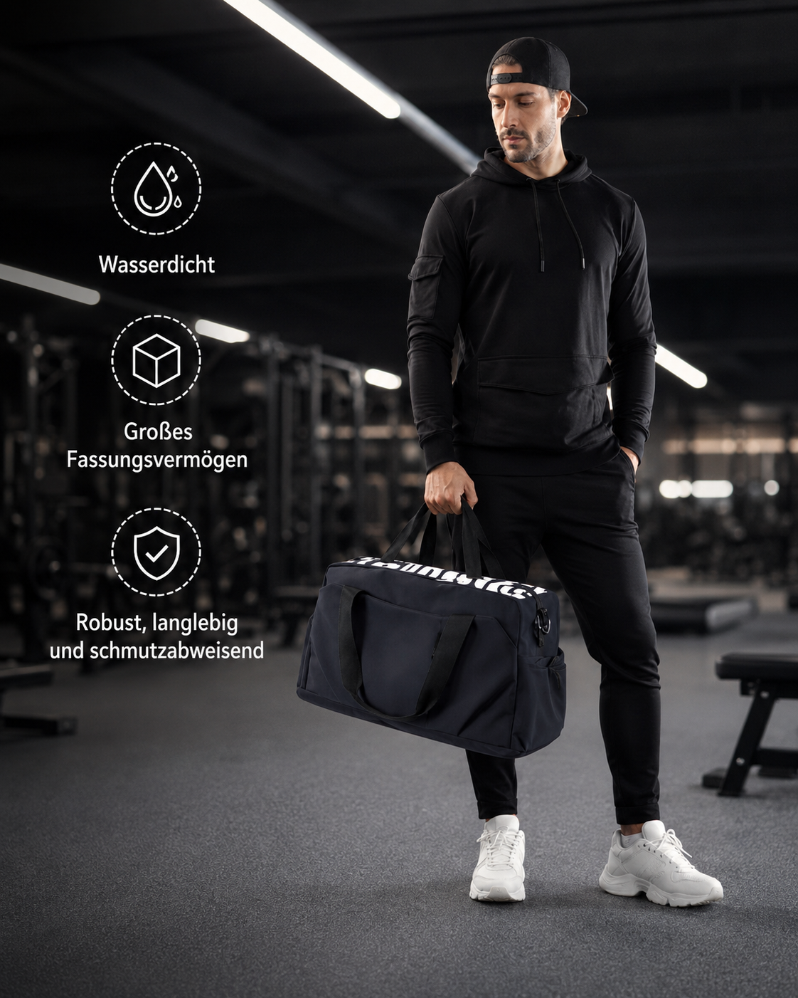 Mann in schwarzer Sportkleidung hält eine schwarze Sporttasche mit weißem Text. Fitnessstudio Hintergrund.