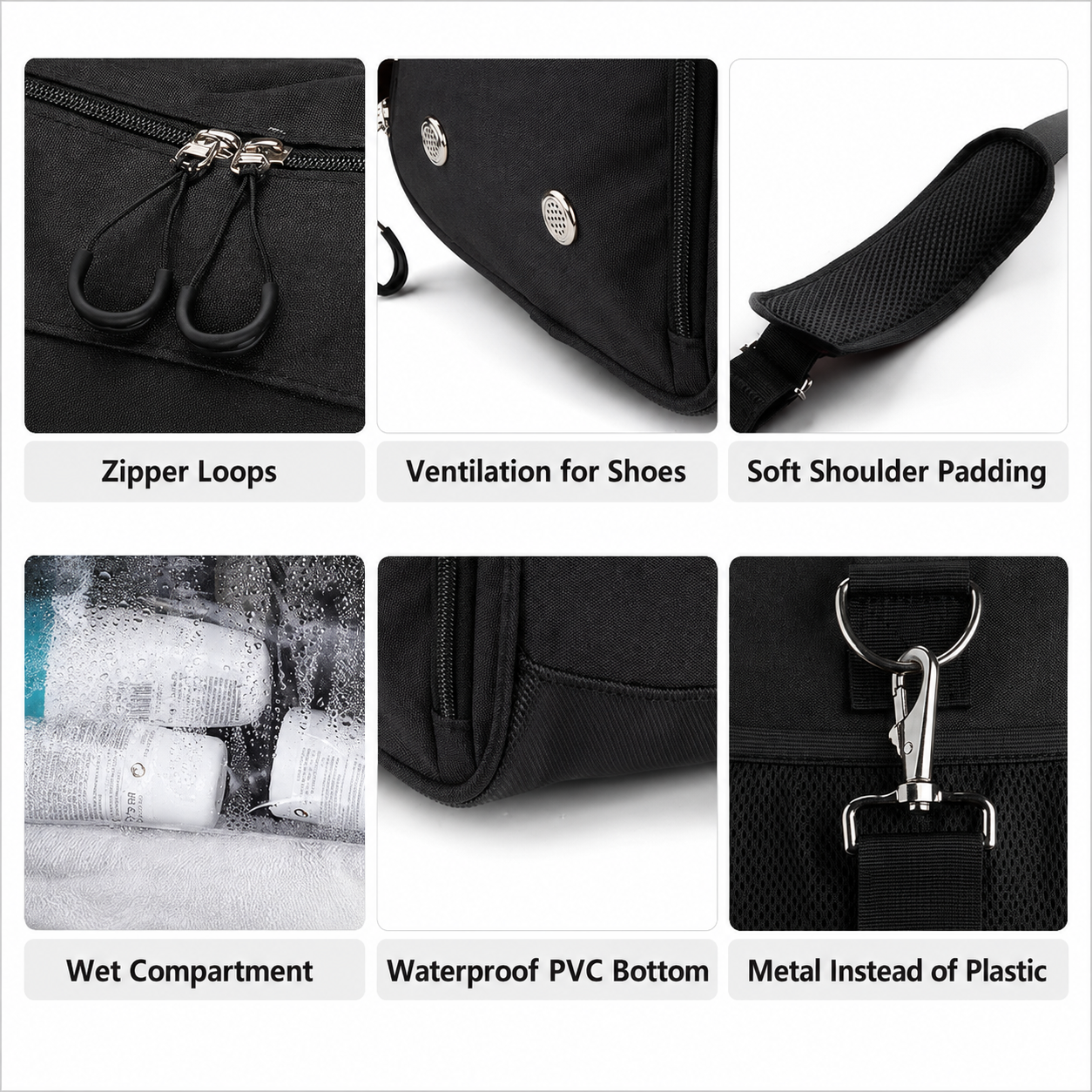 Collage einer schwarzen Reisetasche: Reißverschlussgriffe, Schuhbelüftung, gepolsterter Riemen, Nassfach, wasserdichter Boden, Metallbeschläge.