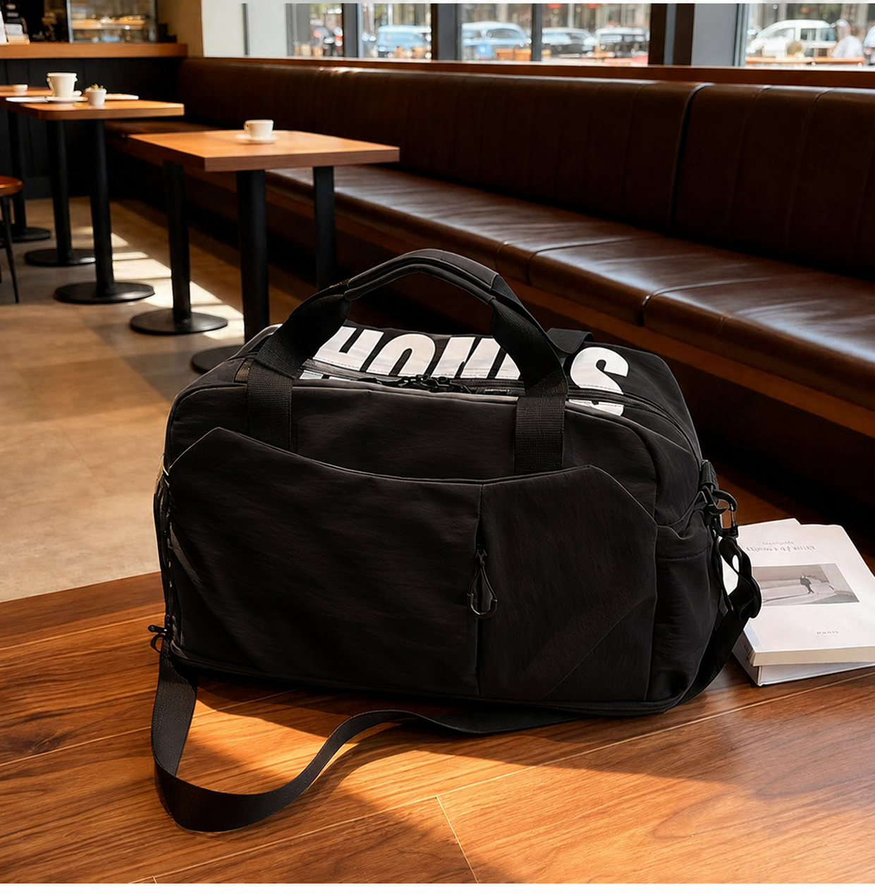Eine schwarze Reisetasche mit weißen Buchstaben steht auf einem Holztisch in einem Café.