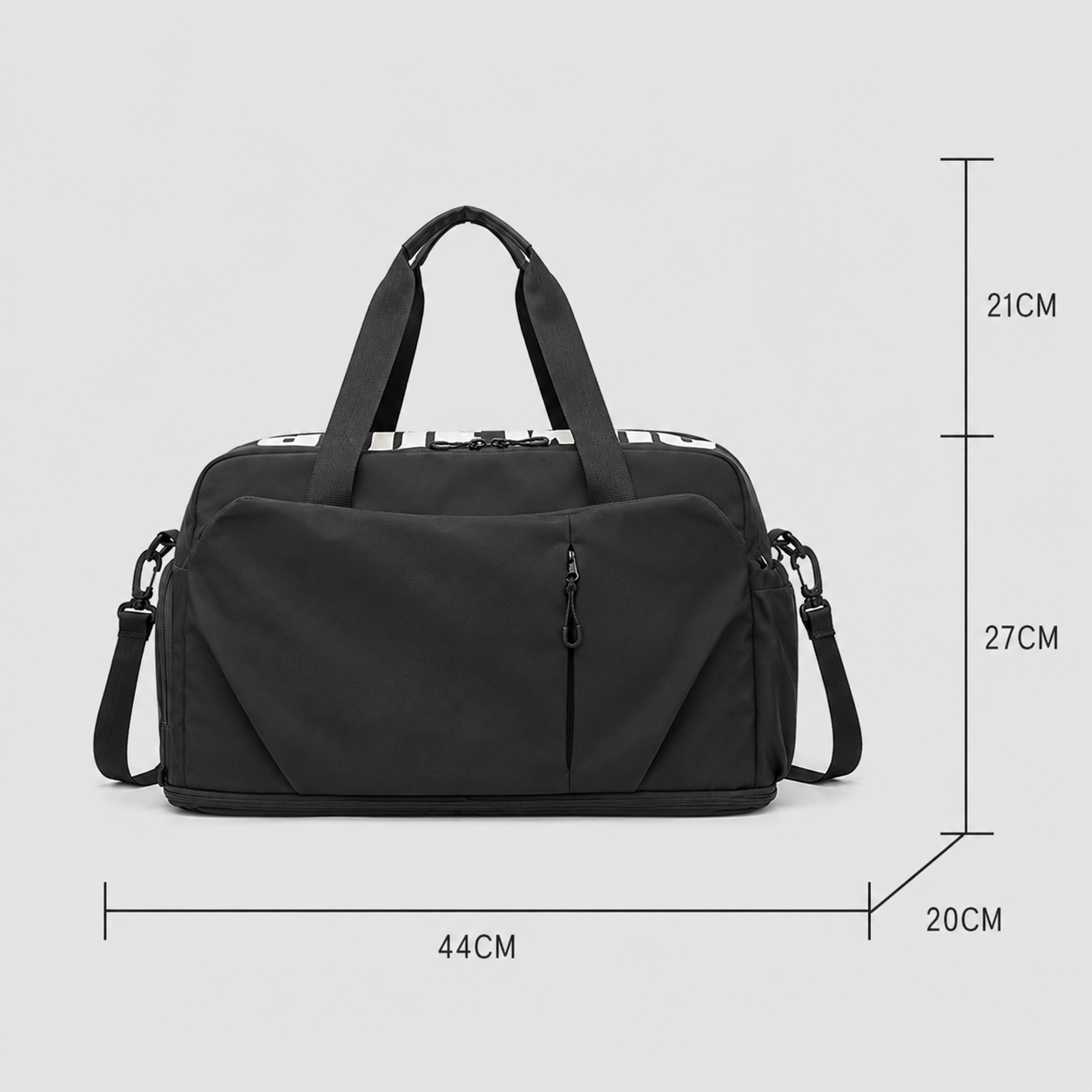 Eine schwarze Reisetasche mit weißem Text, gezeigt mit Maßen 44x27x20cm.