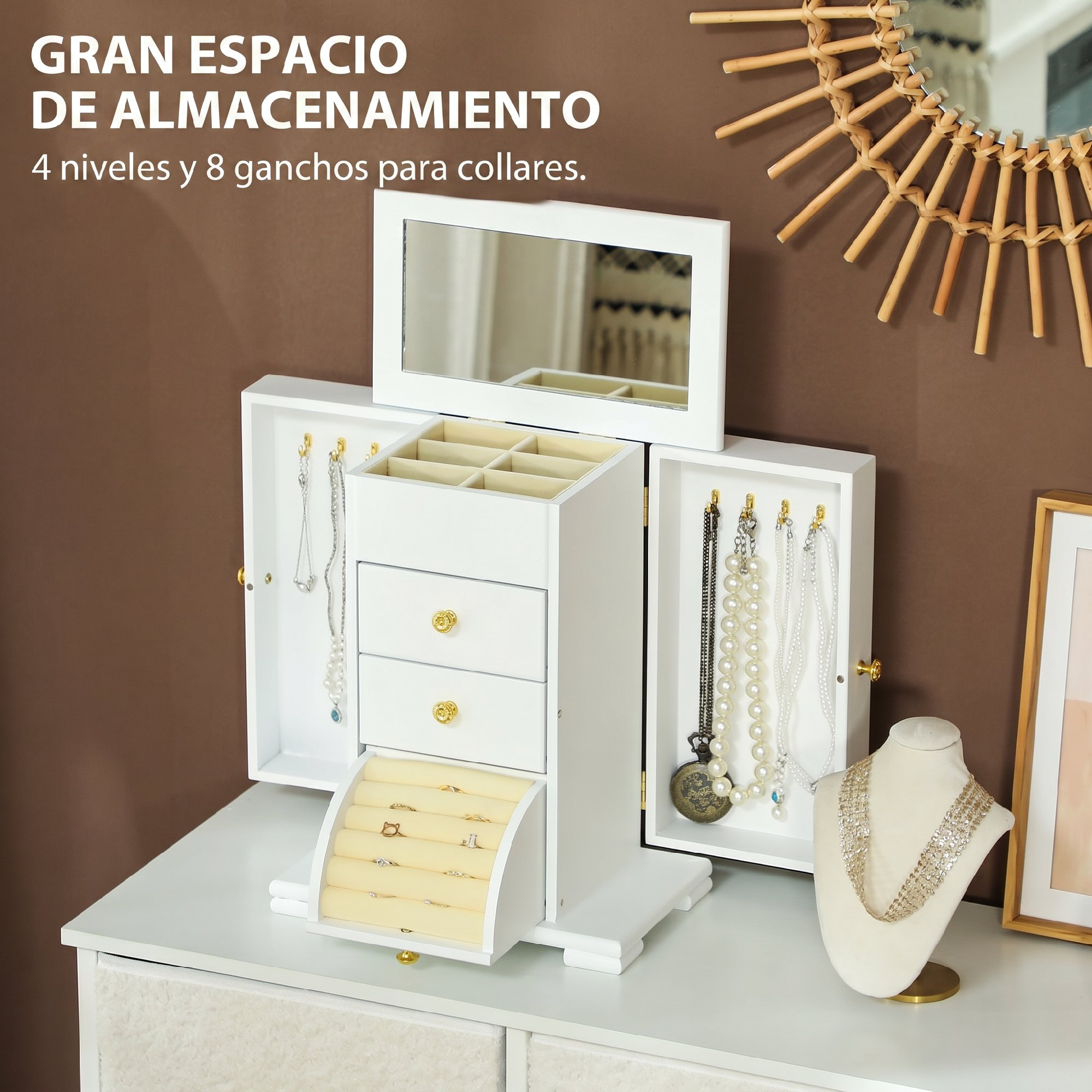 Una caja de joyería blanca con espejo, cajones y ganchos para collares.