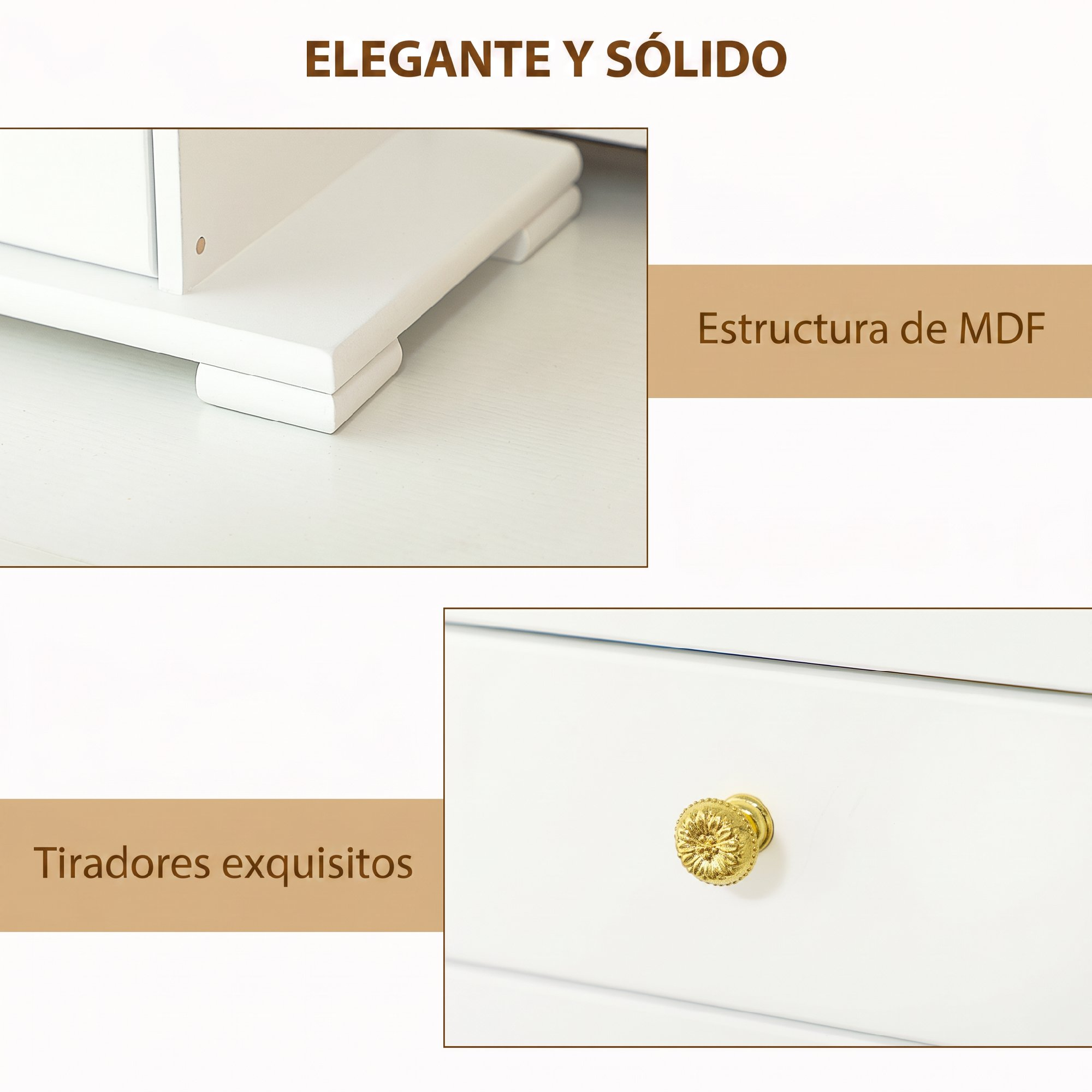 Muebles blancos con estructura de MDF y tirador dorado, vista cercana.