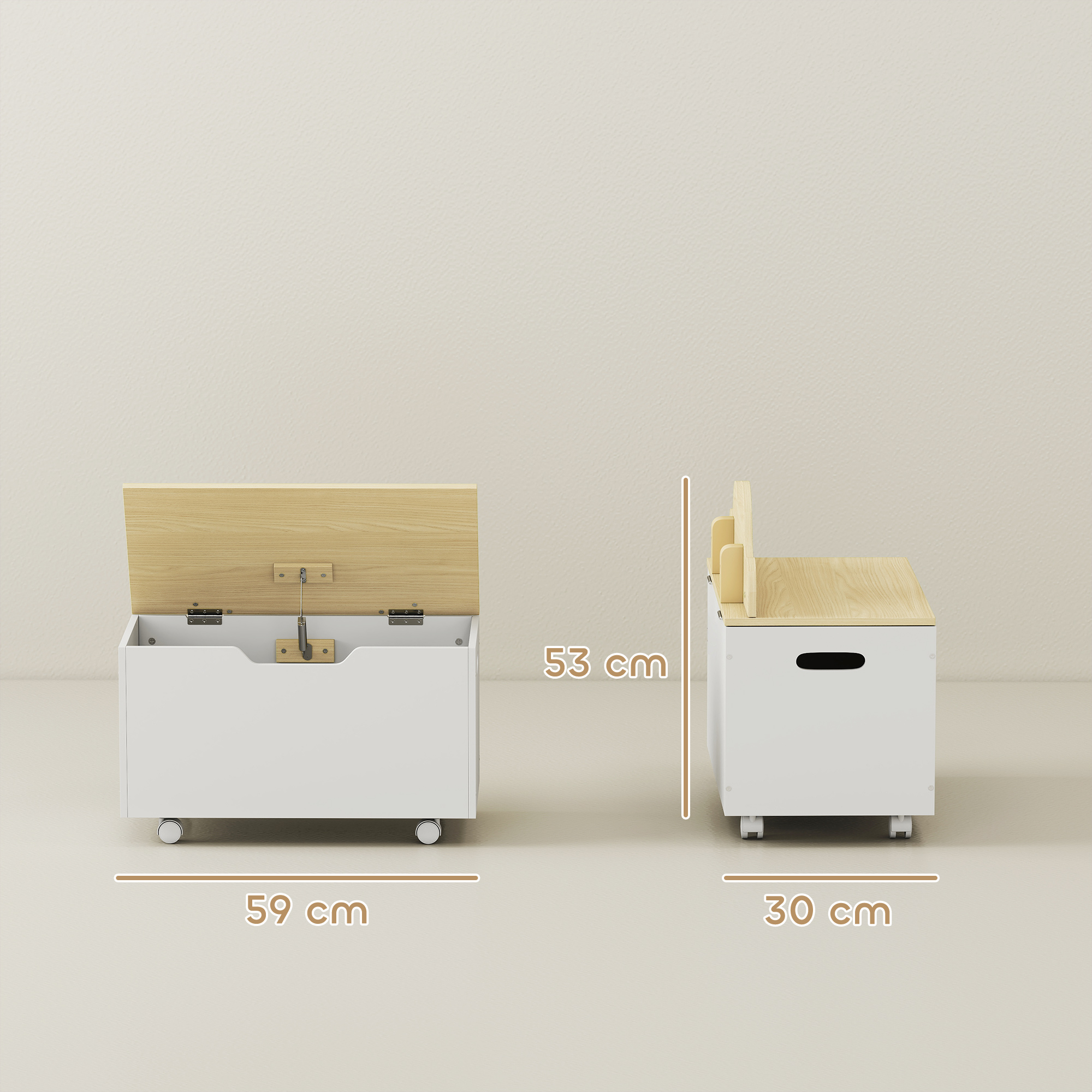 Dos cajas de almacenamiento blancas con tapas de madera, se muestran dimensiones.
