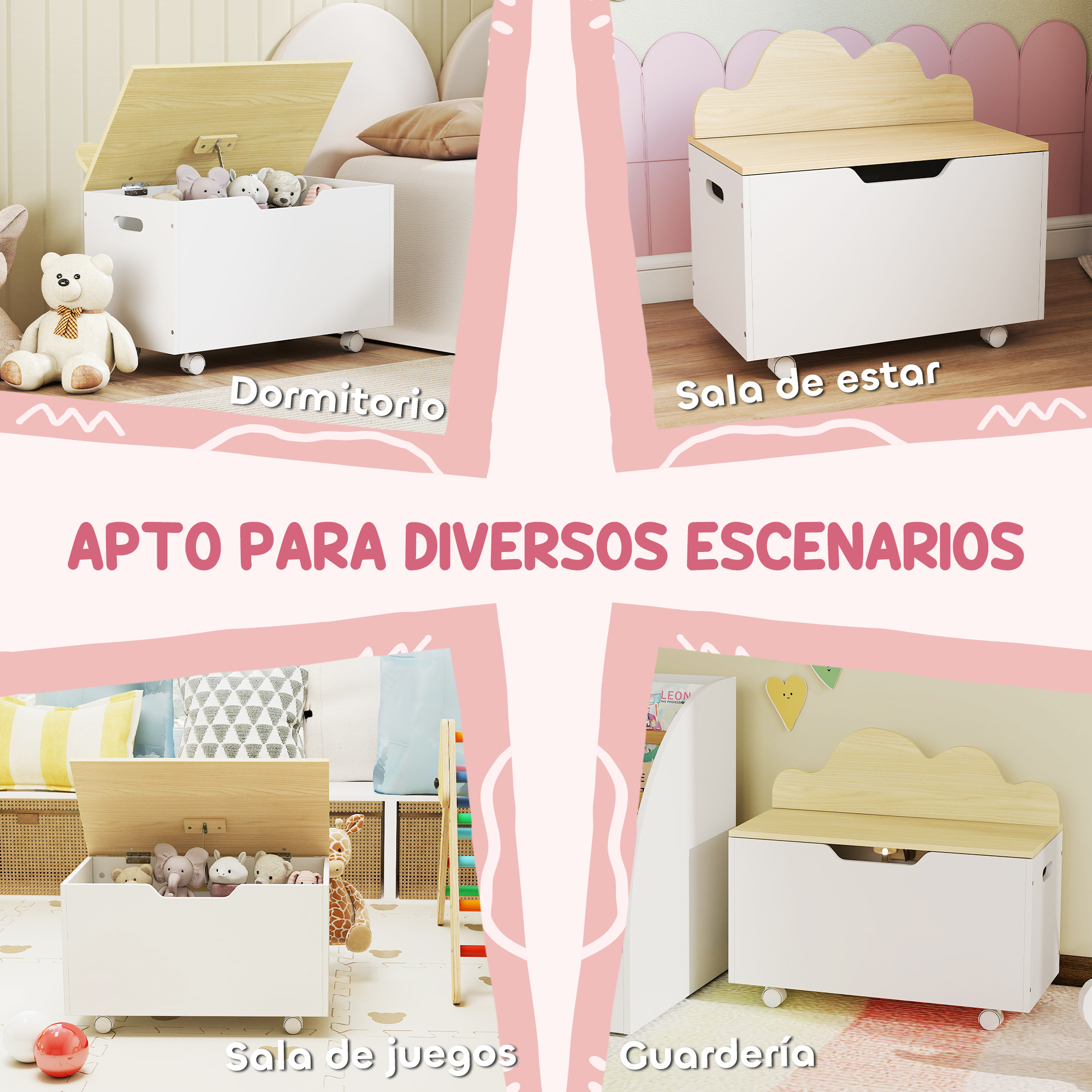 Cofre blanco con tapa de madera, lleno de juguetes, en varias habitaciones.