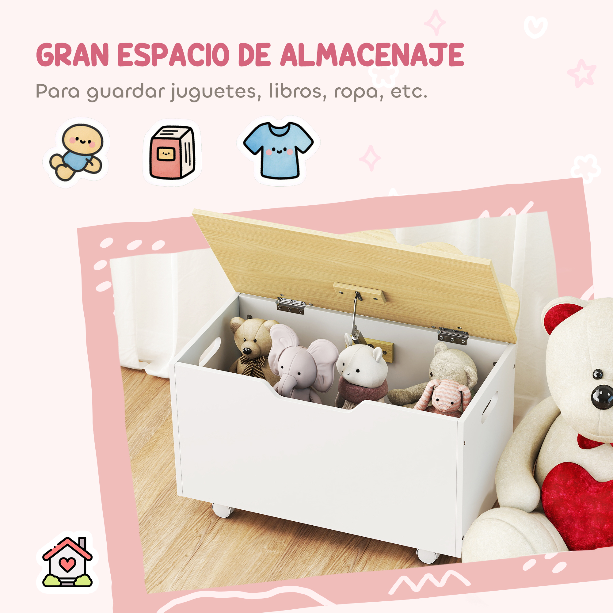 Un baúl blanco para juguetes con tapa de madera abierta, lleno de peluches.