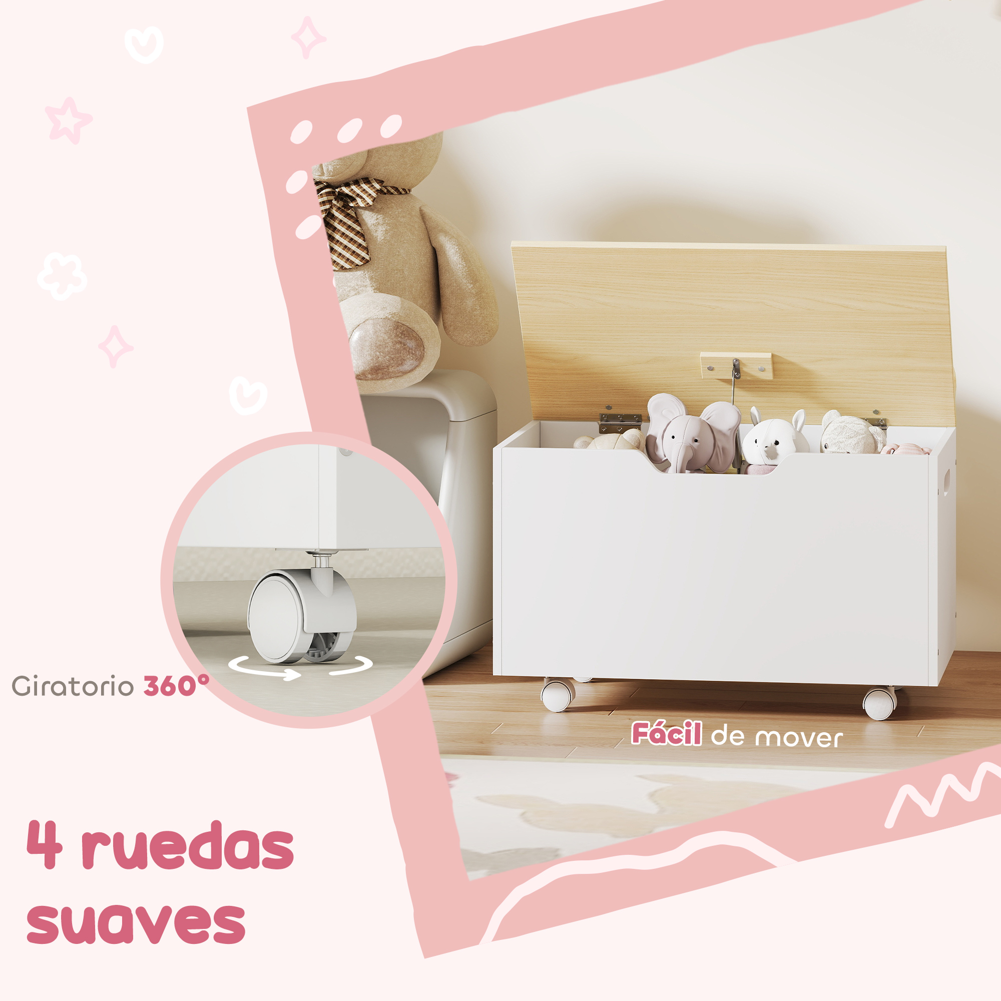 Cofre blanco para juguetes con ruedas y tapa abierta, lleno de peluches. Primer plano de las ruedas.