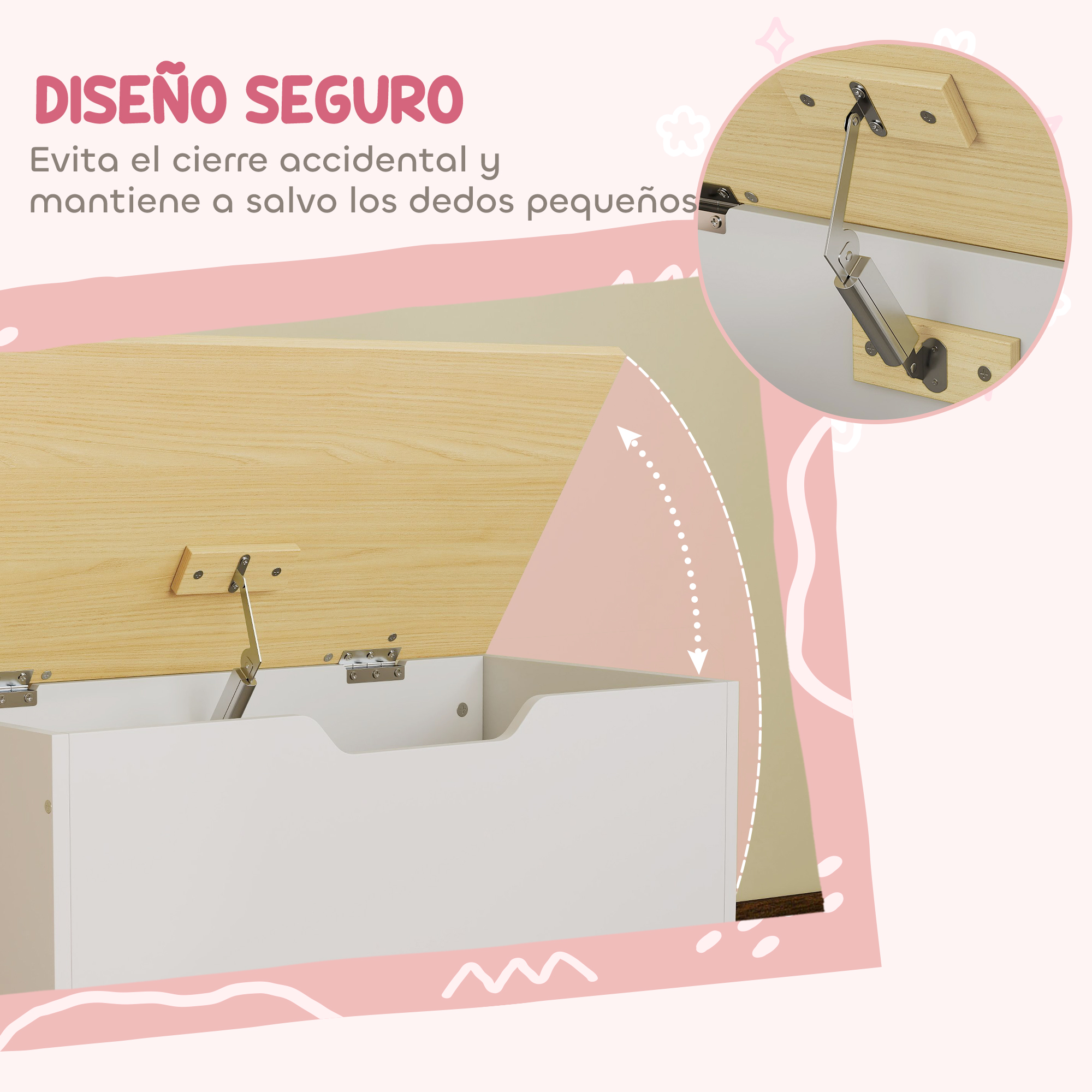 Una caja blanca con tapa de madera abierta y bisagras plateadas.