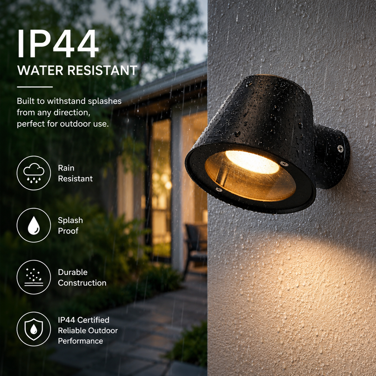 Lámpara de pared negra IP44 resistente a la lluvia y salpicaduras para uso exterior.