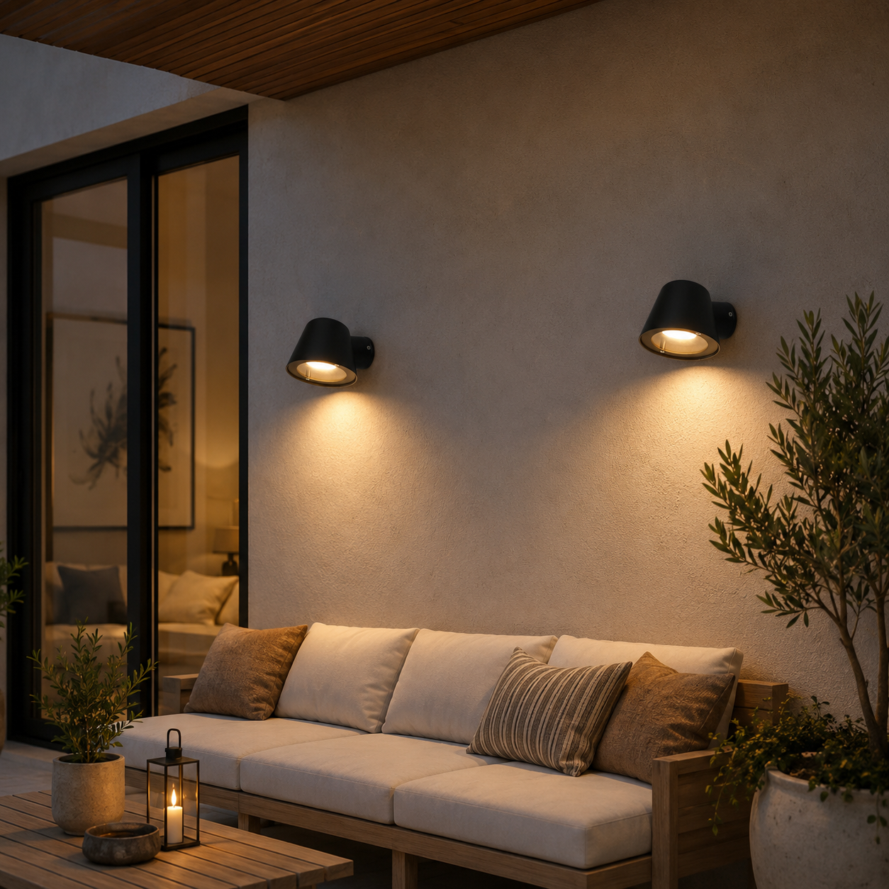 Dos apliques iluminan un sofá con cojines y una mesa de madera.
