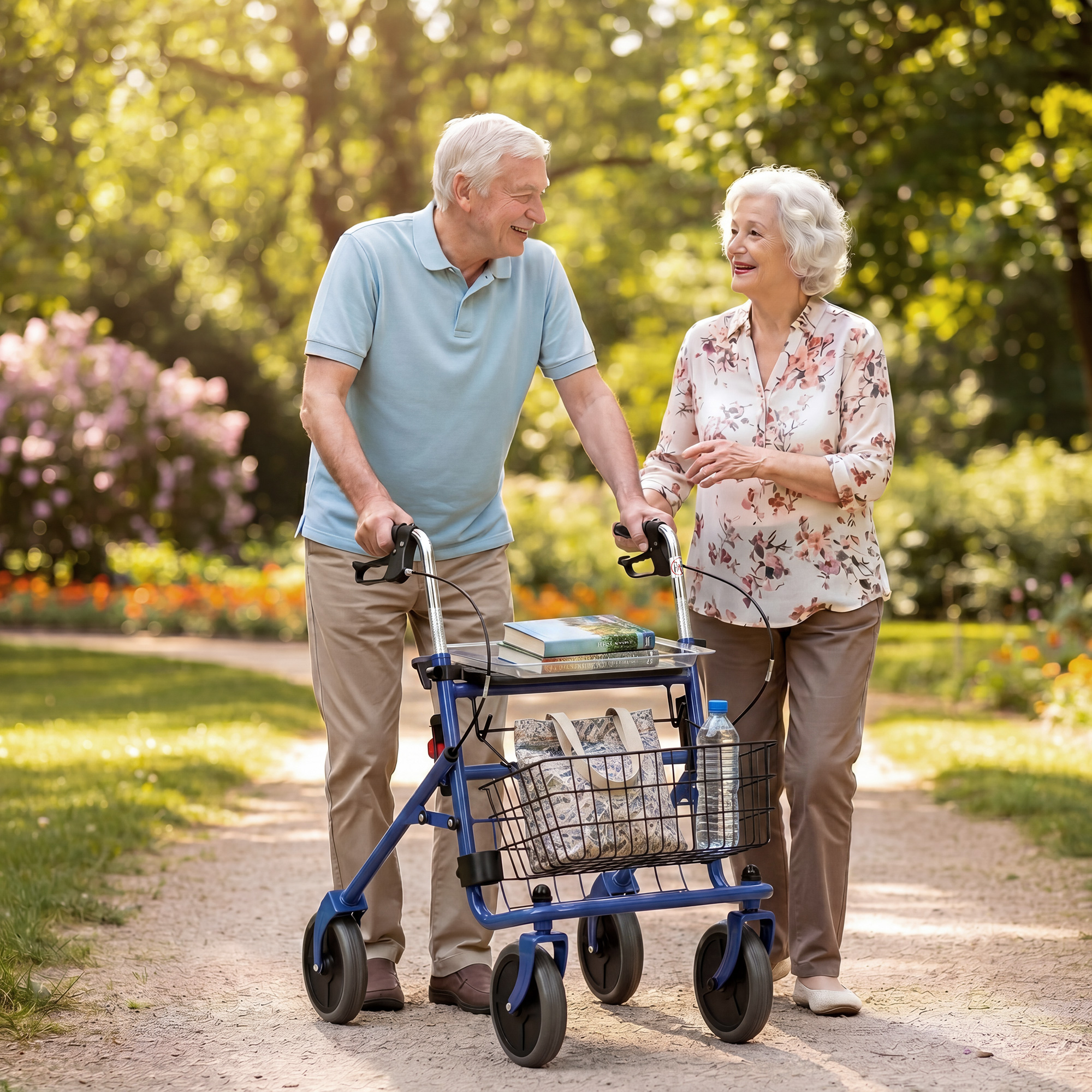 Una pareja de ancianos pasea por un parque con un andador que lleva libros y una botella de agua.