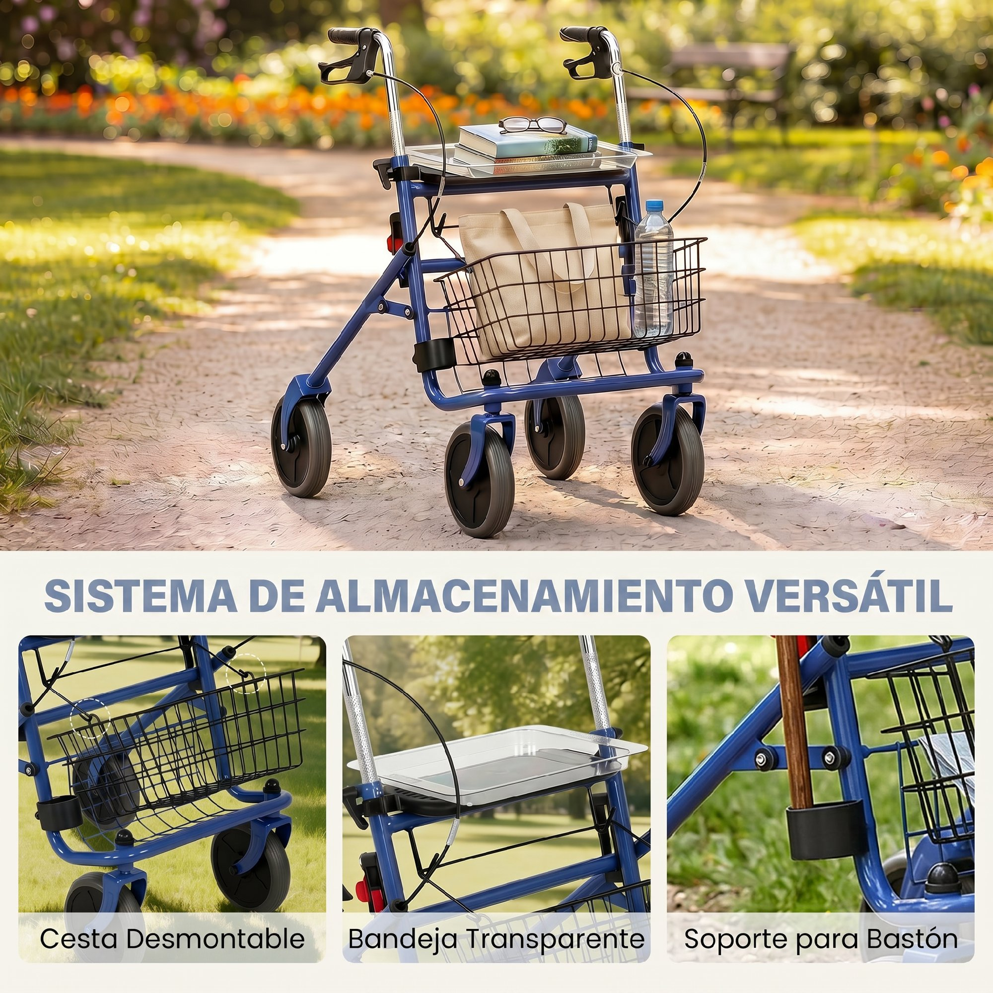 Un andador azul está en un camino al aire libre con libros y una bolsa.