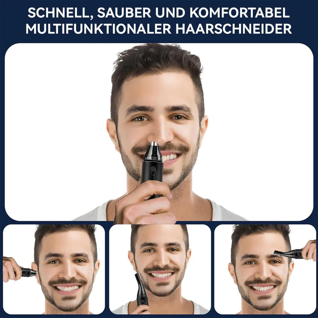 Mann benutzt einen Nasenhaartrimmer, Ohrhaartrimmer und Augenbrauentrimmer.
