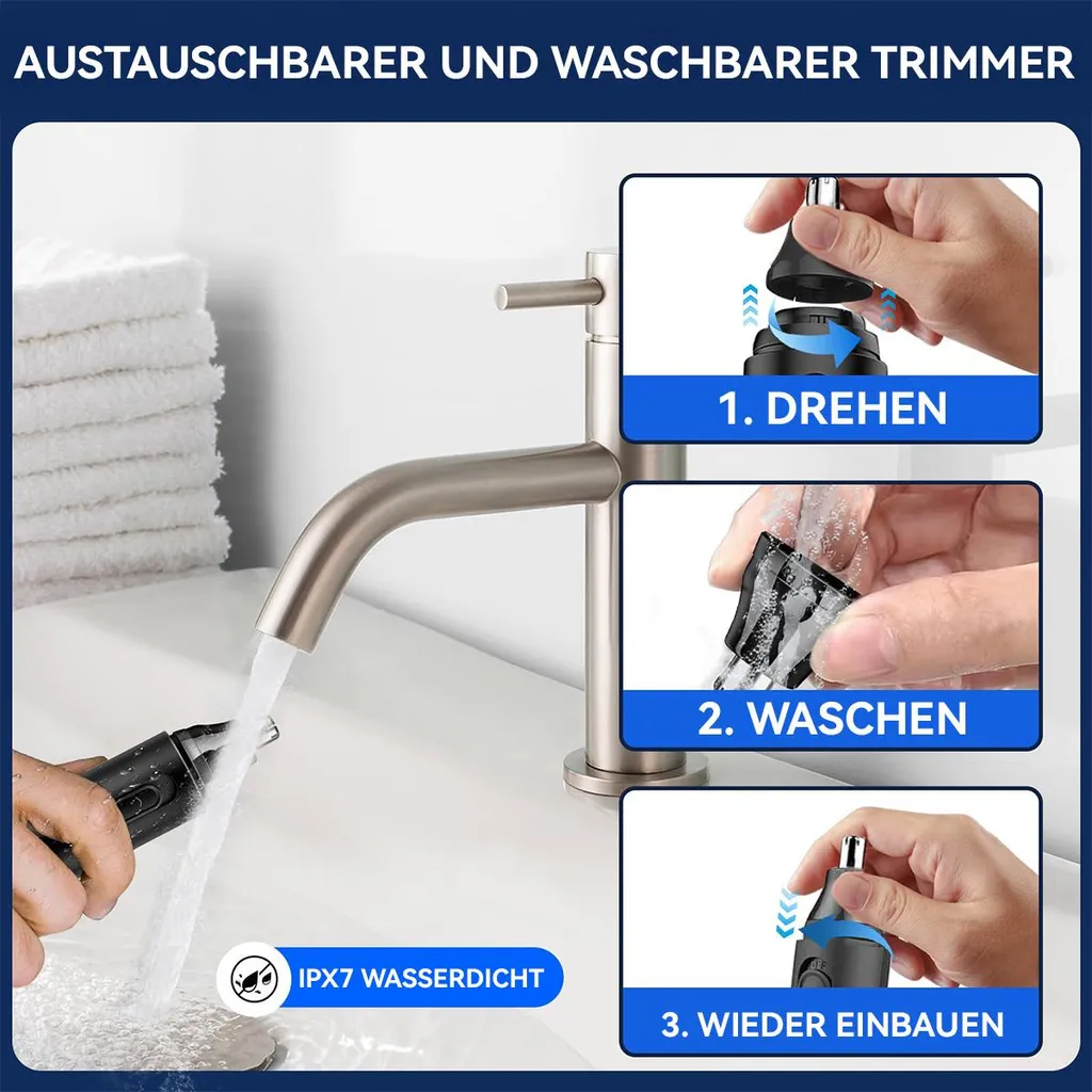 Nasentrimmer-Reinigung: abdrehen, unter fließendem Wasser waschen, wieder anbringen.
