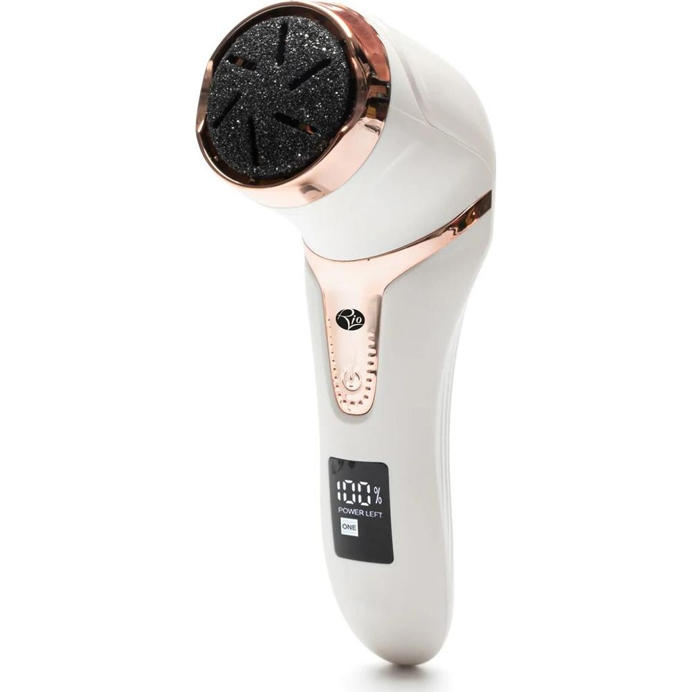 Un esfoliatore elettrico bianco con accenti oro rosa e display digitale.