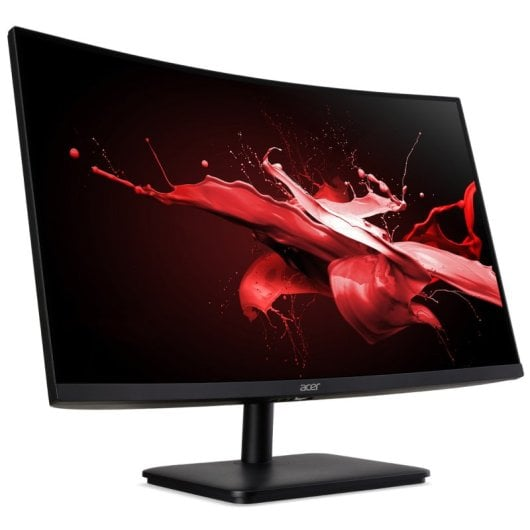 Un monitor Acer nero curvo mostra una dinamica arte splash rossa su sfondo scuro.