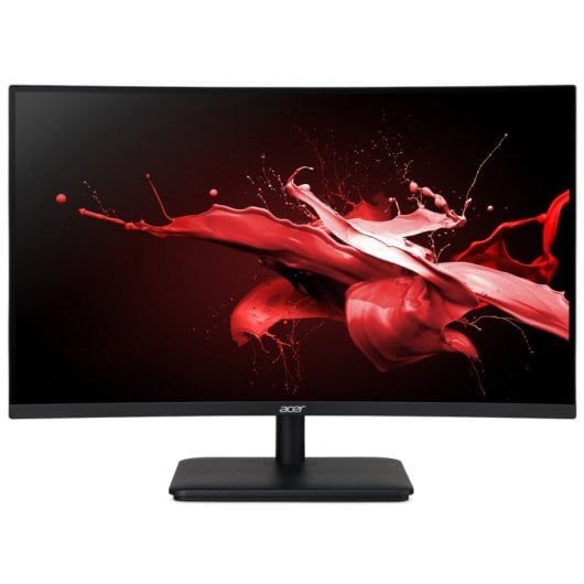 Monitor curvo Acer con design astratto a schizzo rosso su sfondo scuro.