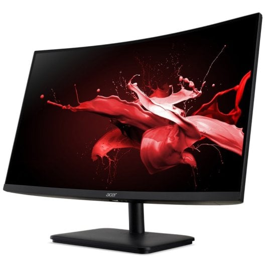 Un monitor curvo Acer mostra una grafica rossa a schizzo su sfondo nero.