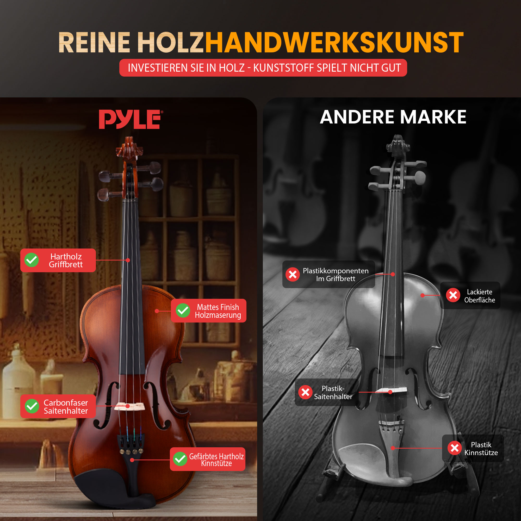 Zwei Geigen im Vergleich: Eine aus Holz, die andere aus Plastikkomponenten.