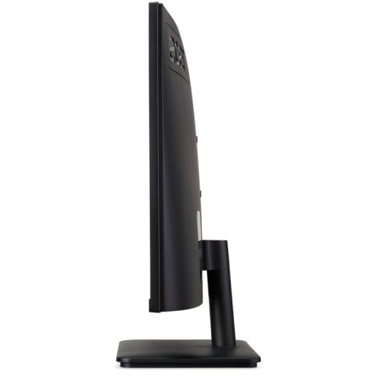 Vista laterale di un monitor nero con supporto su sfondo bianco.