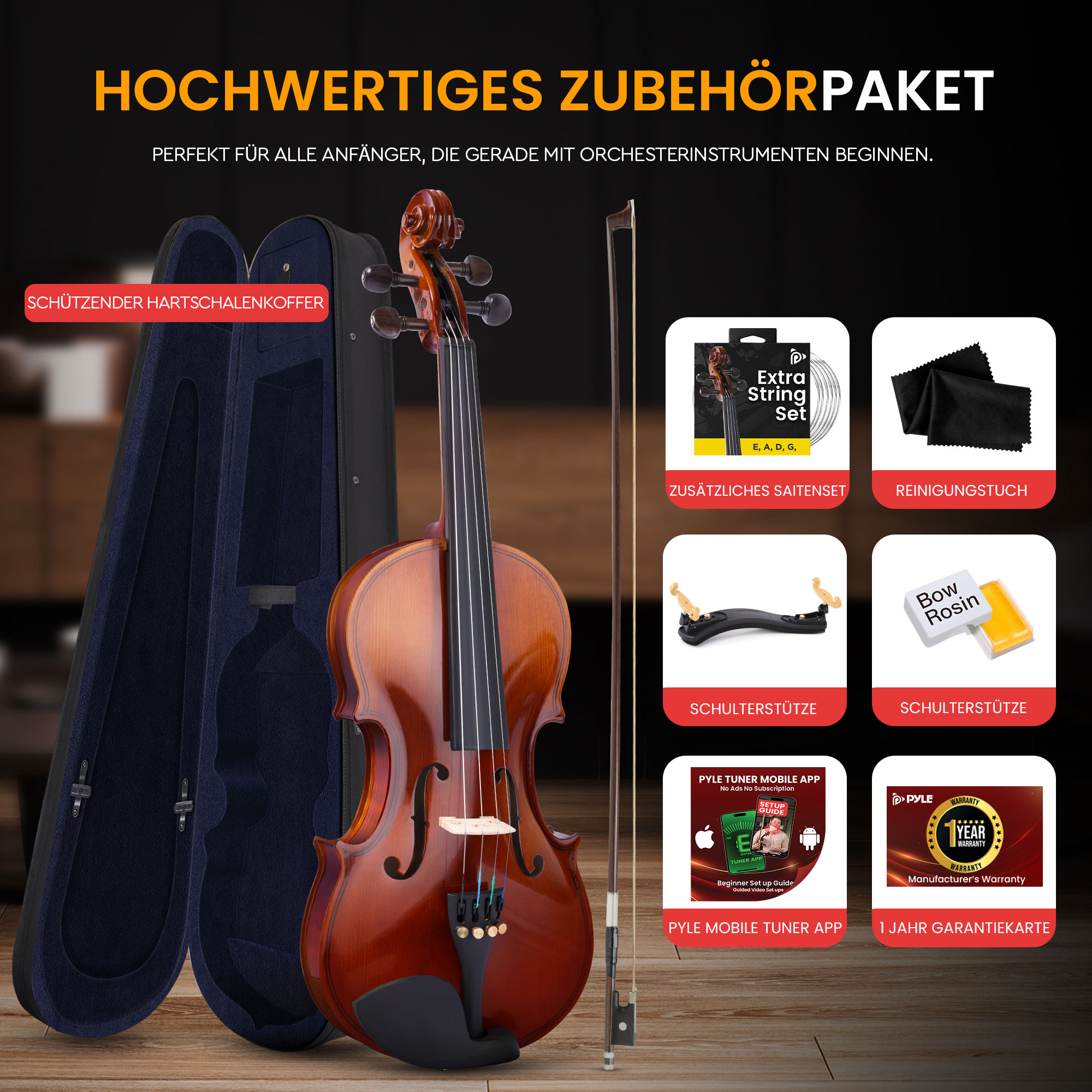Ein braunes Geigenkit mit Koffer, Bogen, Saiten, Schulterstützen, Reinigungstuch, App und Garantie.