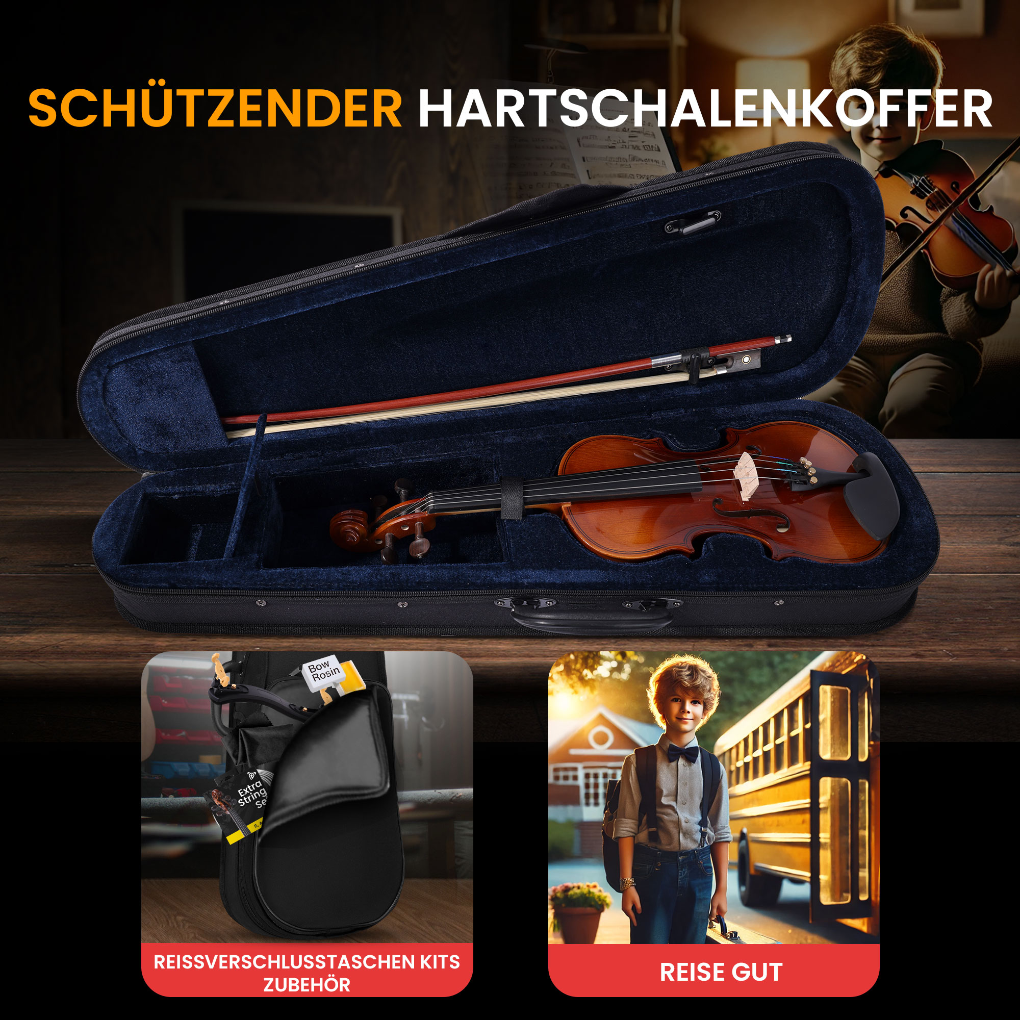 Ein offener Geigenkoffer mit Geige und Bogen. Unten Zubehör und ein Junge mit Schulbus.