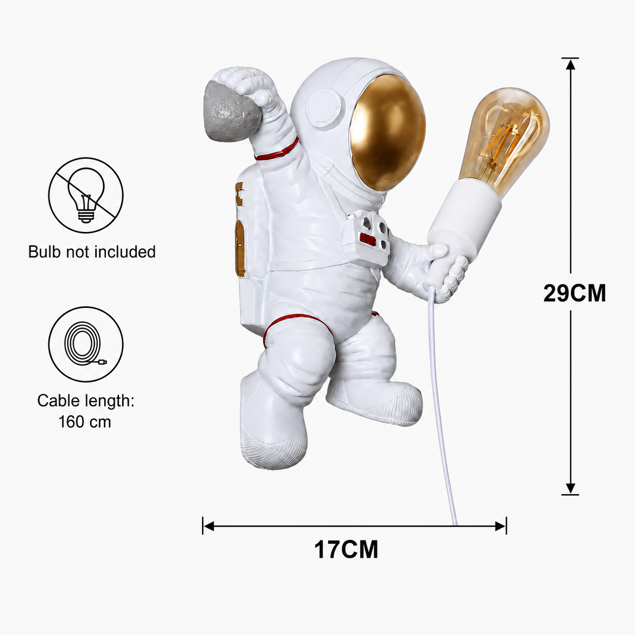 Figura de astronauta blanco sosteniendo bombilla y roca. Dimensiones: 29x17cm.