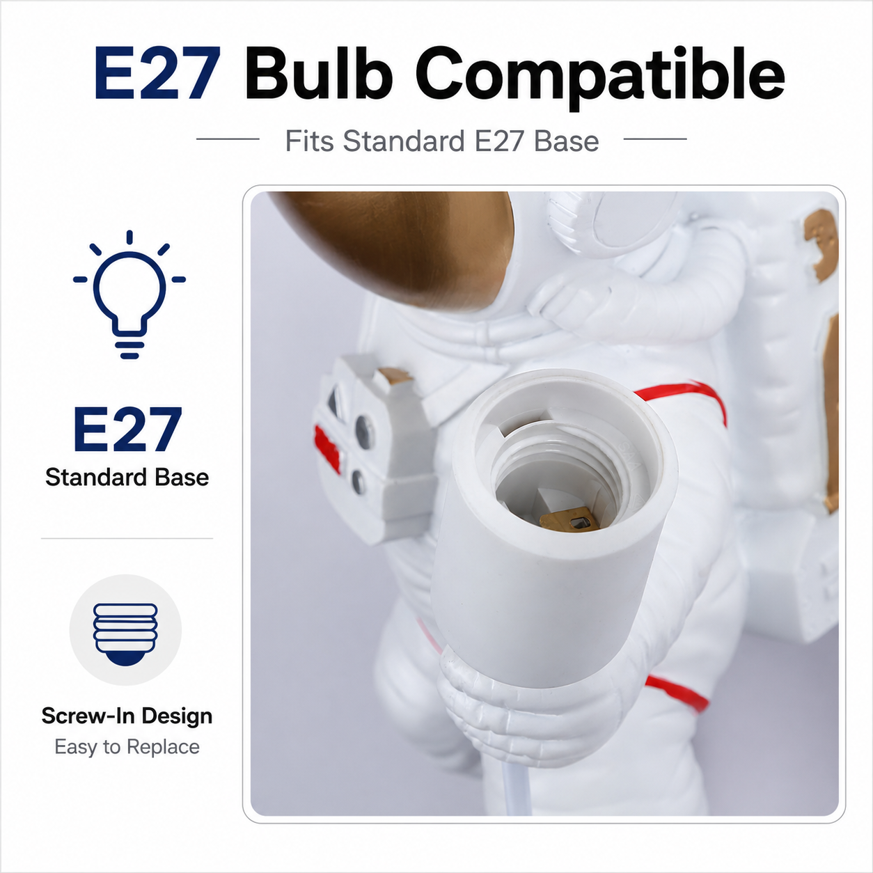 Portalámparas de astronauta con base estándar E27 y diseño de rosca.