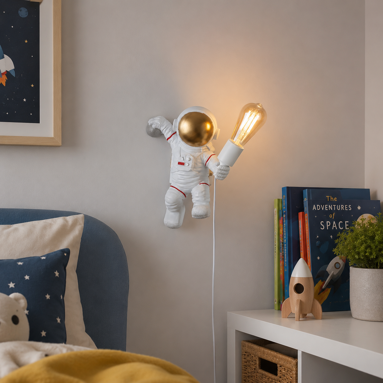 Lámpara de astronauta con casco dorado y bombilla Edison en pared sobre libros.