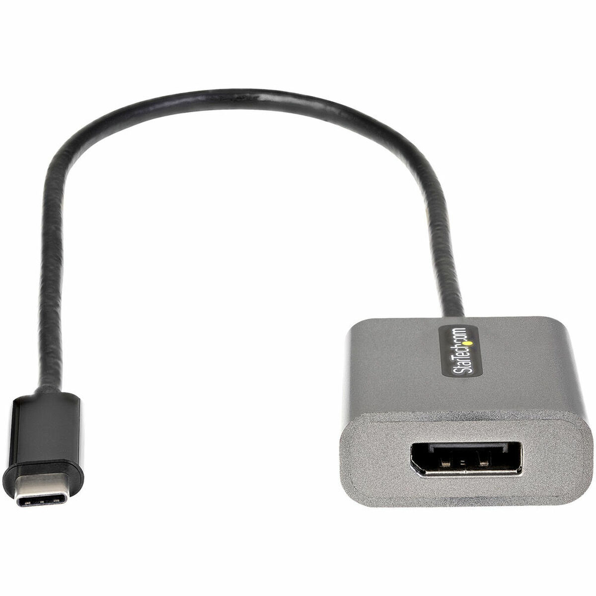 Grauer USB-C zu HDMI Adapter mit schwarzem Kabel auf weißem Hintergrund.