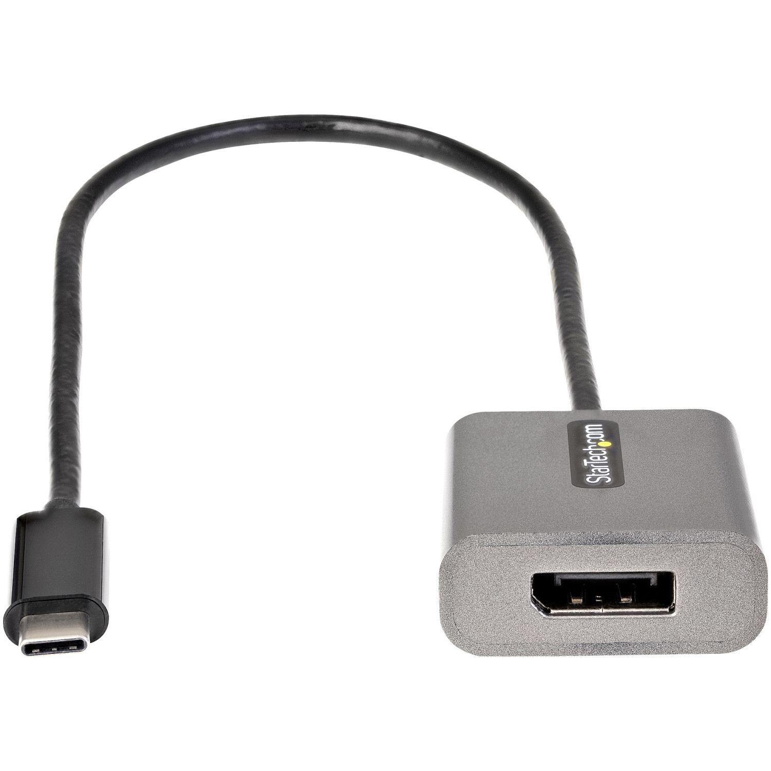 Ein grauer USB-C-zu-HDMI-Adapter mit schwarzem Kabel auf weißem Hintergrund.