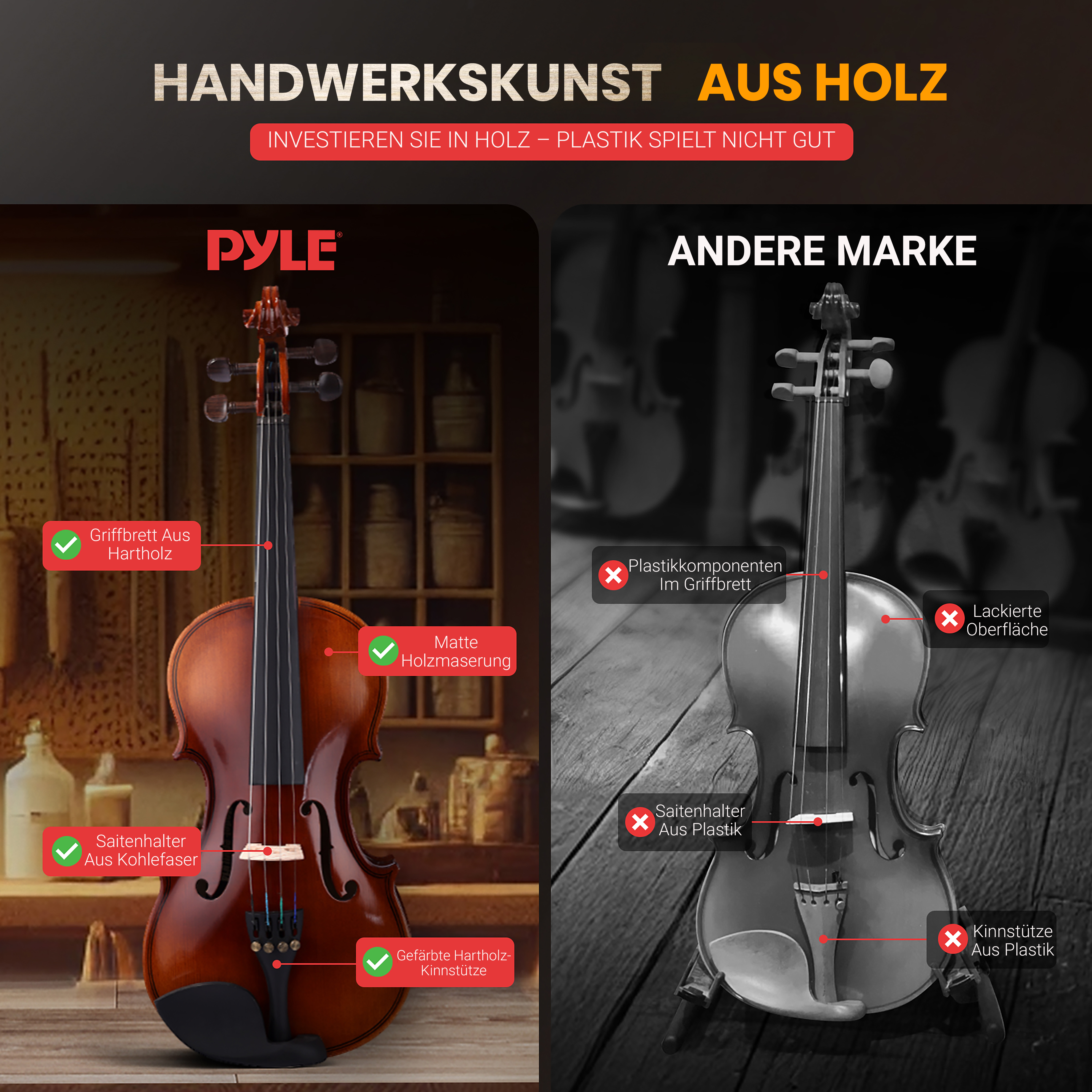 Vergleich von zwei Violinen: Links eine Holzvioline mit Details, rechts eine Schwarz-Weiß-Ansicht.