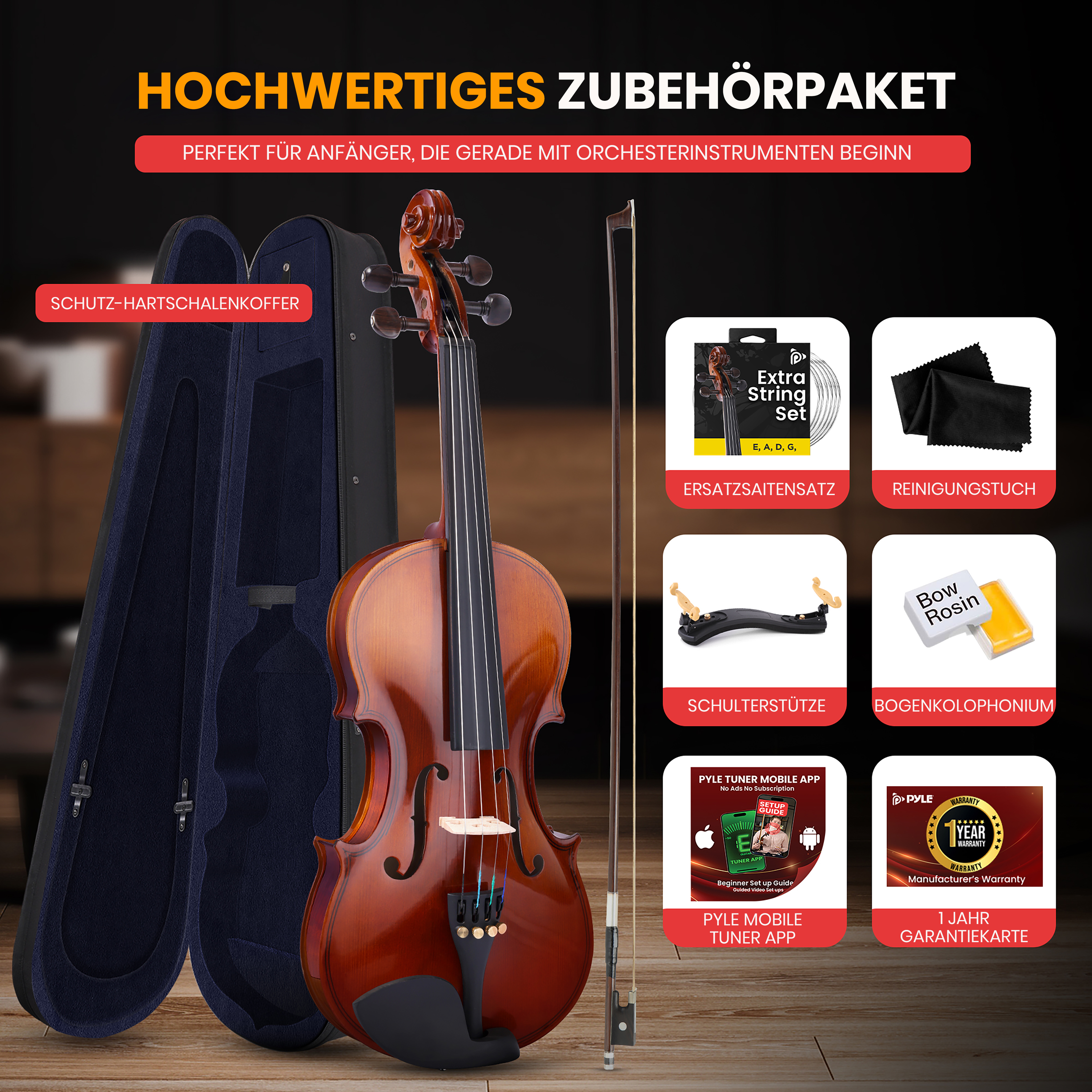Violinenzubehör-Set: Violine, Koffer, Ersatzsaiten, Reinigungstuch, Schulterstütze, Kolophonium, App & Garantie.