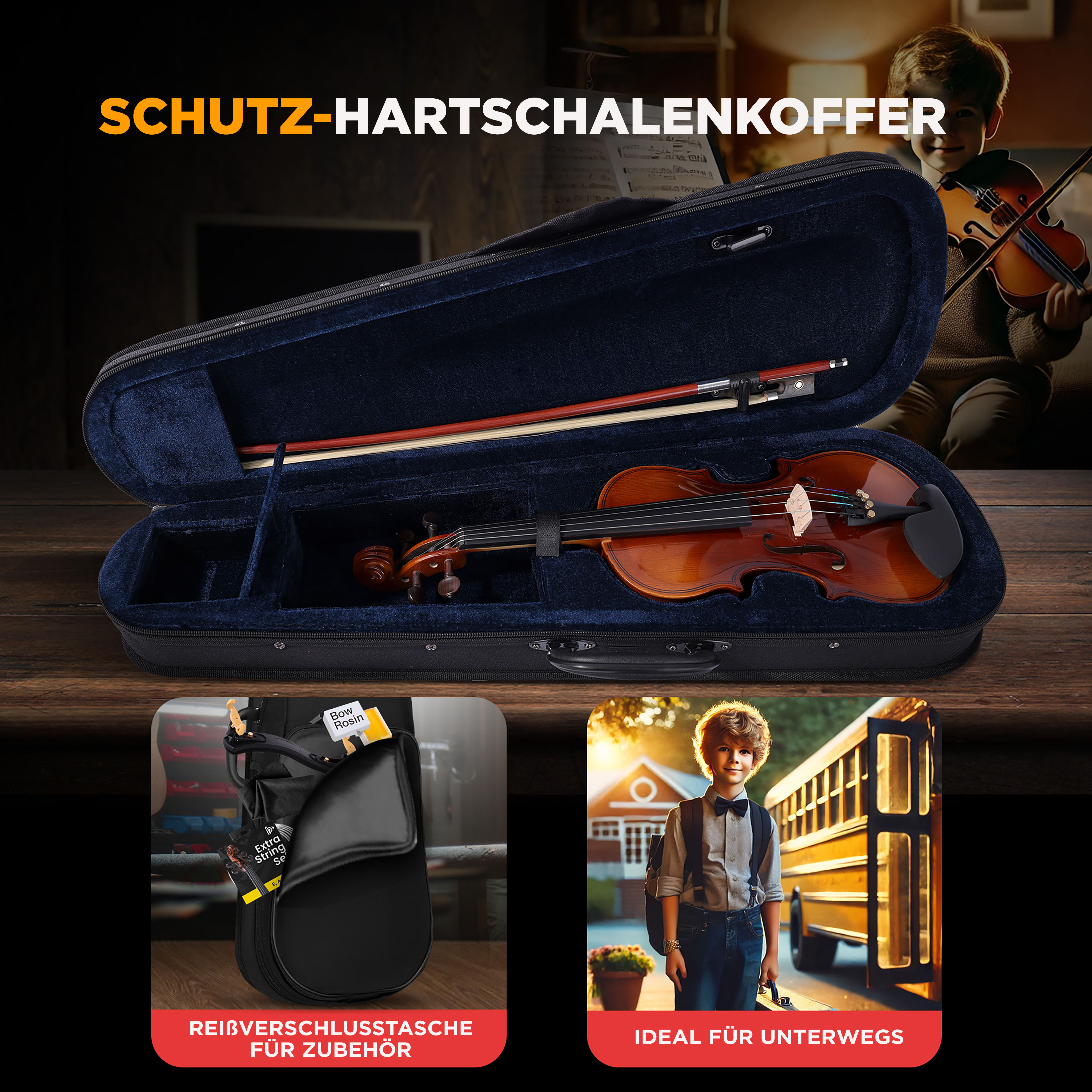Ein aufklappbarer Geigenkasten mit Geige und Bogen. Unten: Tasche und Junge am Schulbus.