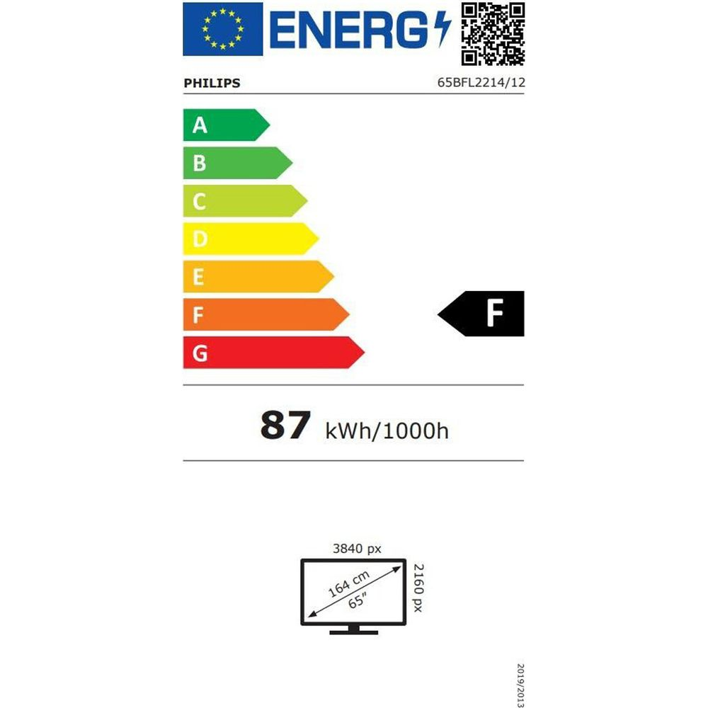 Etykieta energetyczna logo Philips, klasa F, 87 kWh/1000h, telewizor 65 cali.