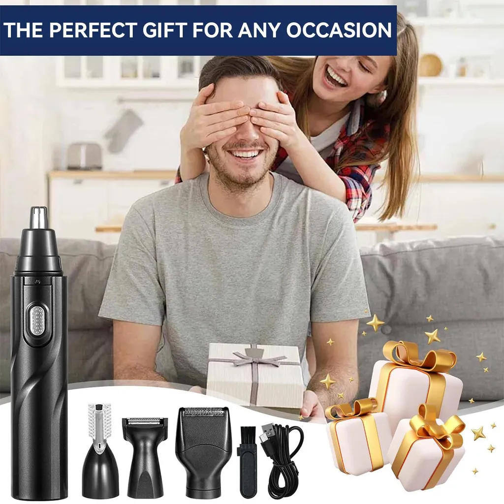 Ein Mann schließt die Augen, während eine Frau ihm Geschenke überreicht. Ein Trimmer-Set liegt daneben.