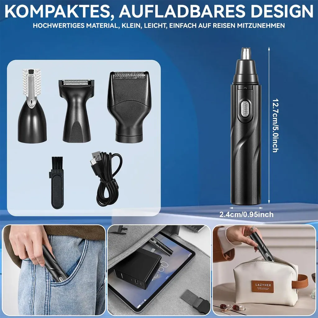 Ein schwarzer Nasenhaartrimmer mit Aufsätzen und Ladekabel.
