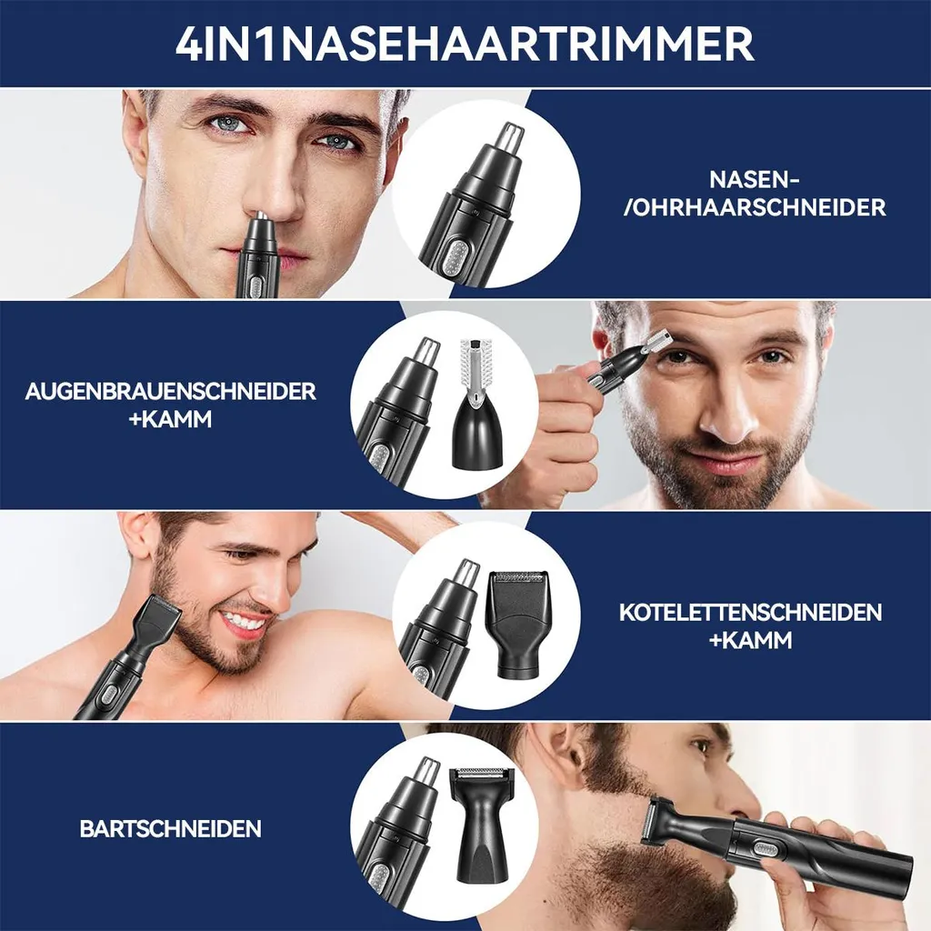 4in1 Trimmer: Nase/Ohr, Augenbrauen, Koteletten, Bart. Herrenpflege.