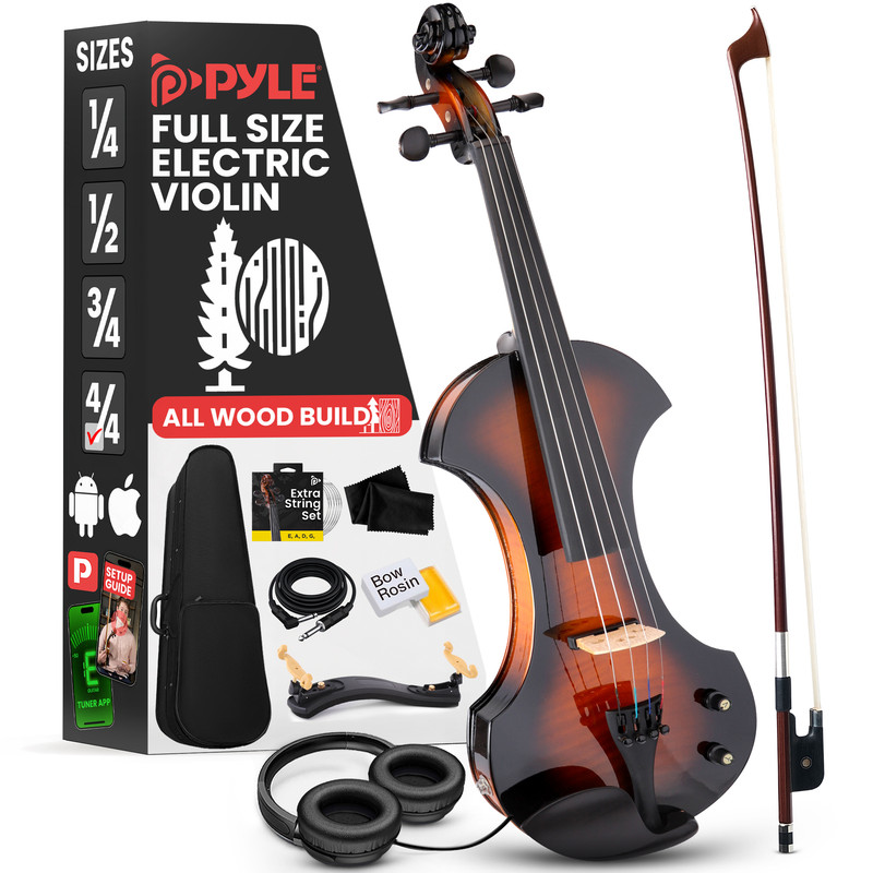 Ein brauner E-Violine-Kit mit Geige, Bogen, Kopfhörern, Tasche und Zubehör.