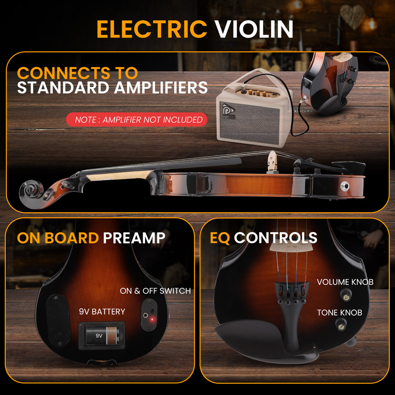 Elektrisches Violin mit Verstärkeranschluss und EQ-Reglern. Rückseite zeigt Batterie und Schalter.