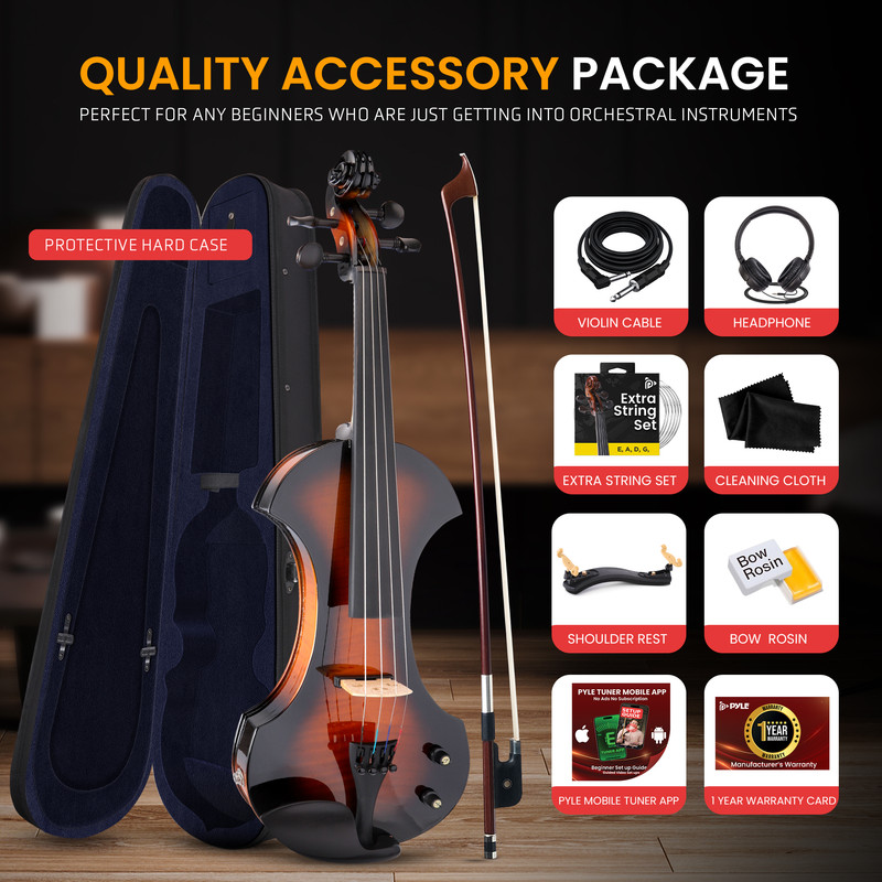 Violine, Koffer, Bogen, Kabel, Kopfhörer, Saiten, Tuch, Stütze, Kolophonium, App, Garantiekarte.