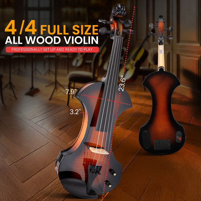 Ein 4/4 Violinen-Set aus Holz mit Maßen, auf einem Holzboden.