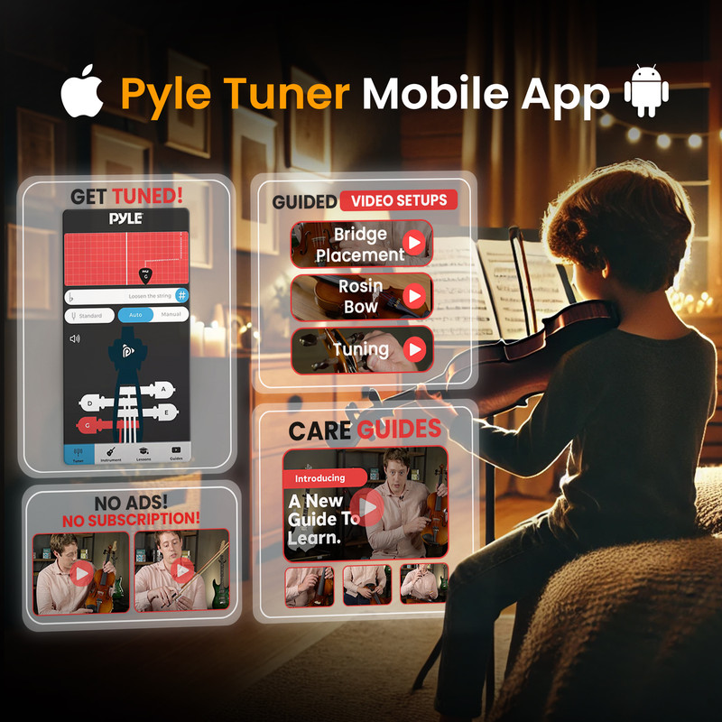 Pyle Tuner App Funktionen: Stimmen, Video-Setups, Pflegeanleitungen, keine Werbung.
