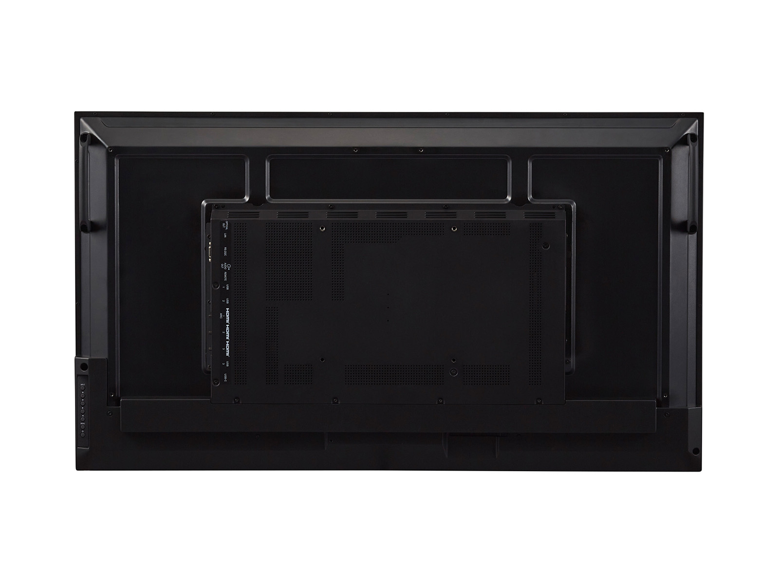 Rückseite eines schwarzen Fernsehers mit Anschlüssen wie HDMI, USB und optisch.